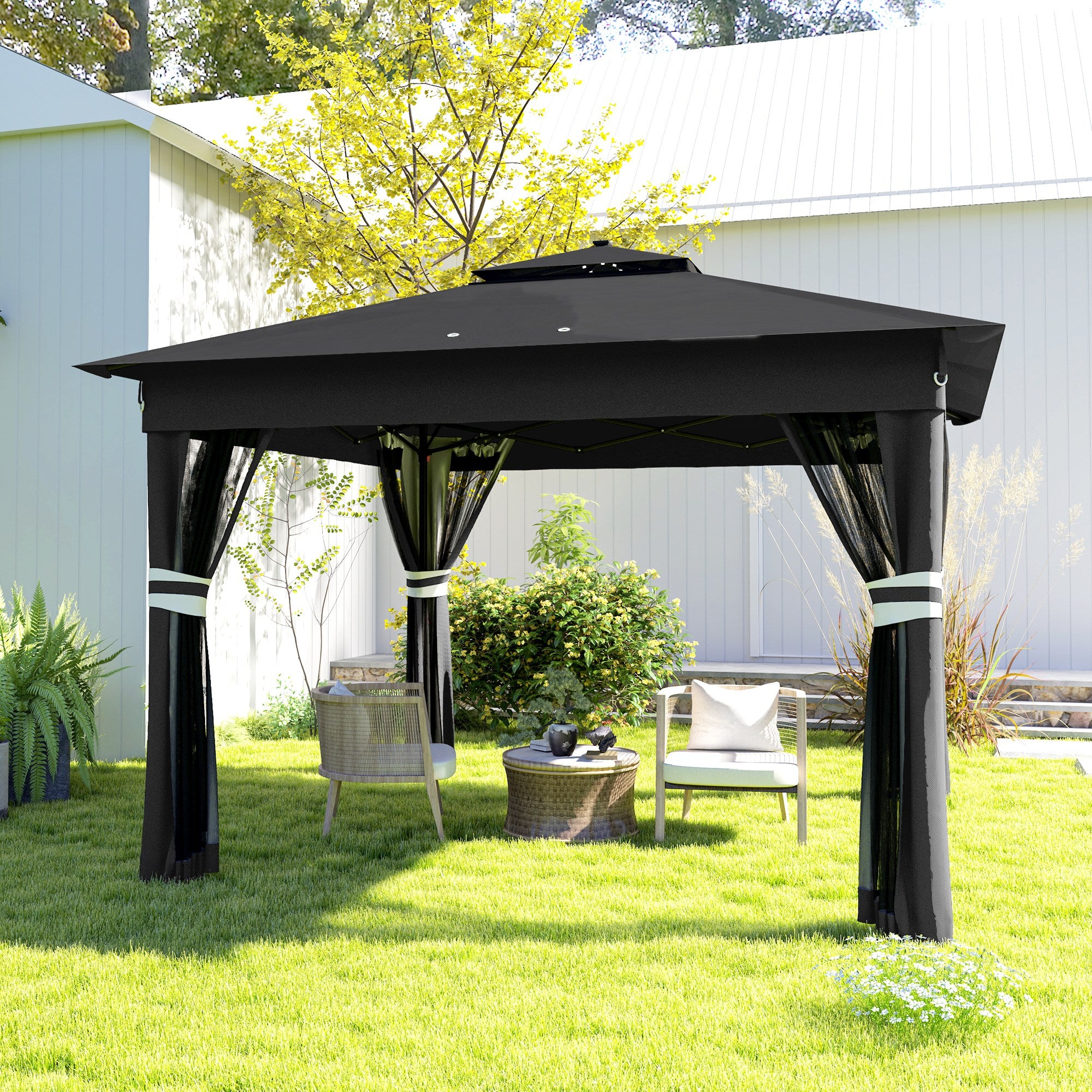 Outsunny 3 x 3(m) Pop Up Gazebo Party Tent with Solar-Powered LED Lights, Adjustable Event Shelter with Netting, Black - North Peak Garden Furniture