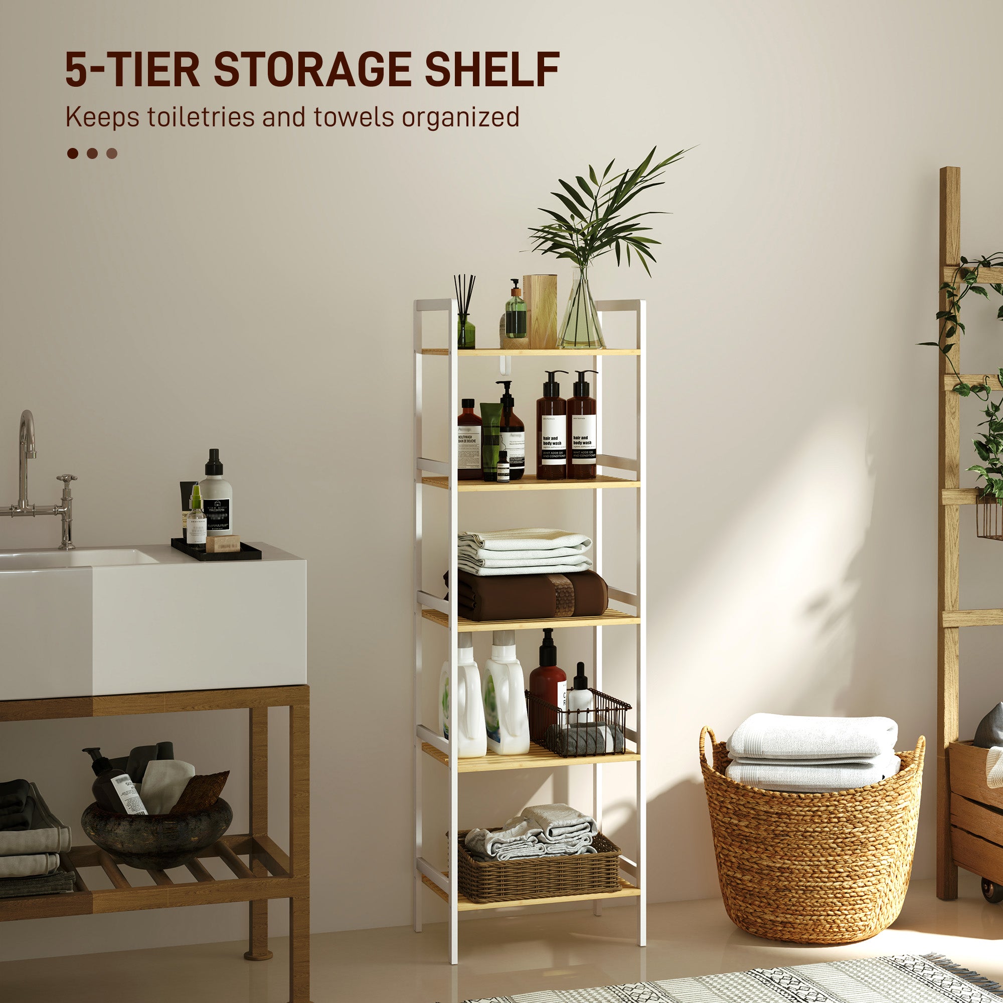 HOMCOM Five-Tier Bamboo Adjustable Shelf Storage Unit - North Peak Garden Furniture