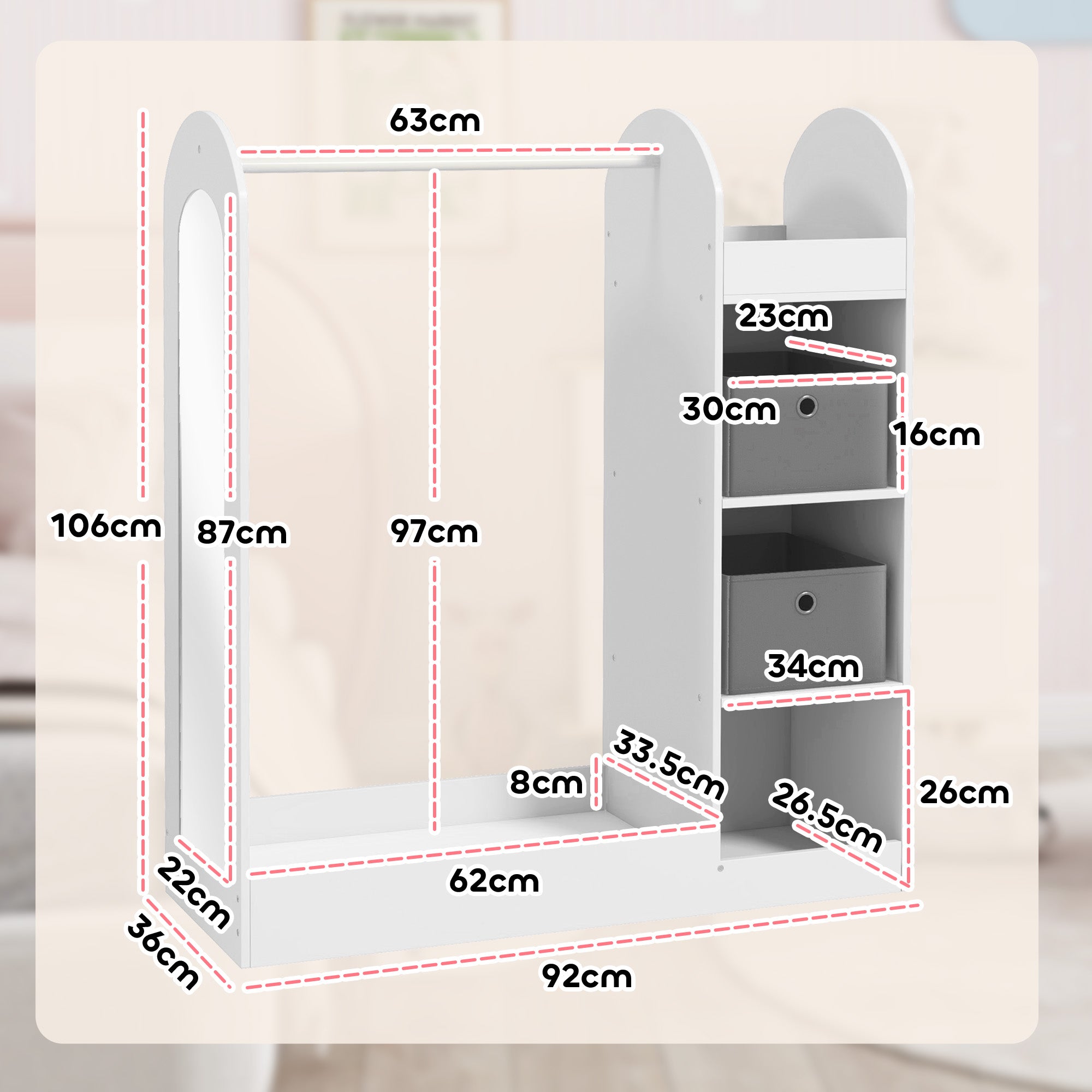 AIYAPLAY Kids Clothes Rail with Storage Shelf, Boxes, Mirror for Bedroom, Nursery, White - North Peak Garden Furniture