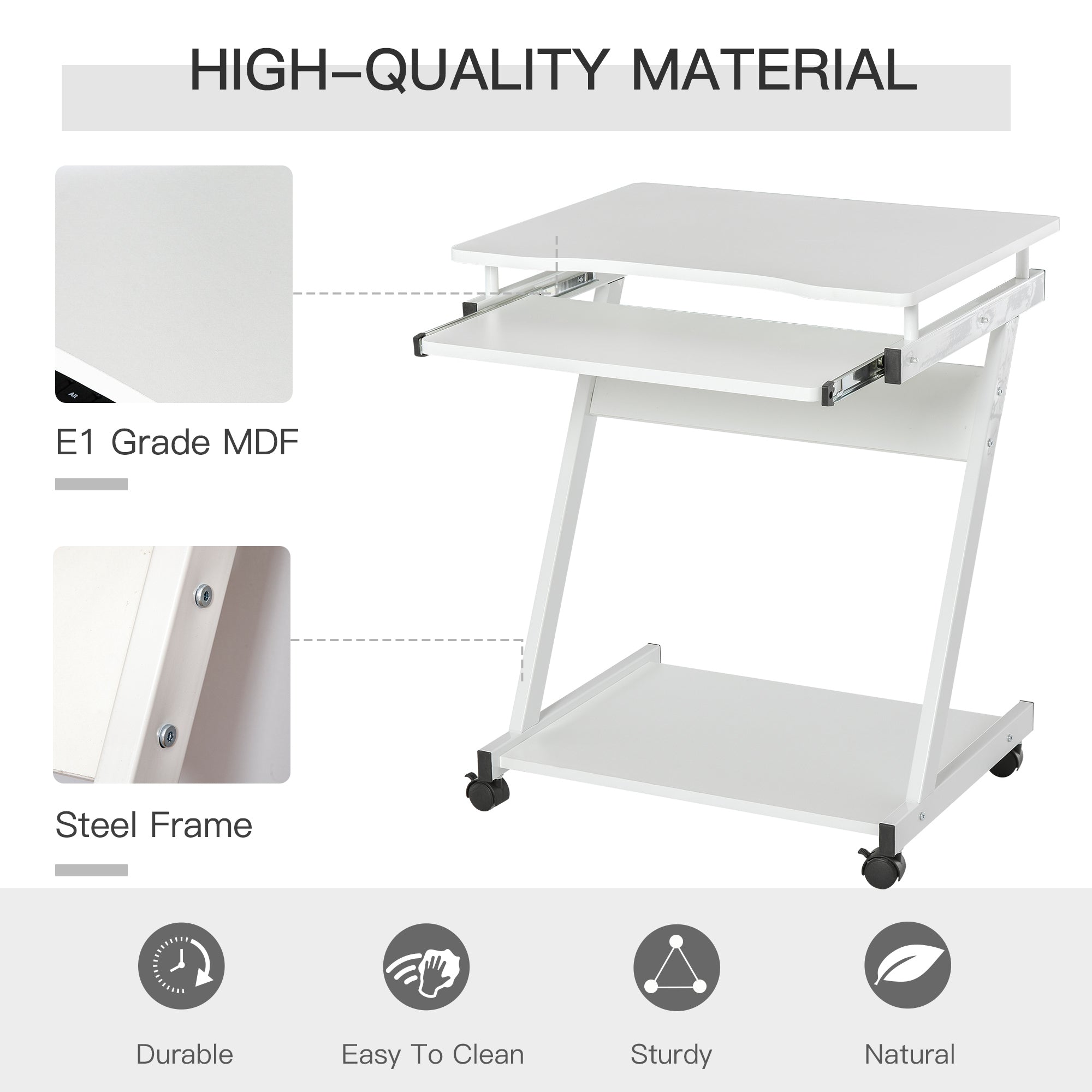 HOMCOM Movable Computer Desk with 4 Moving Wheels Sliding Keyboard Tray Home Office Workstation White - North Peak Garden Furniture