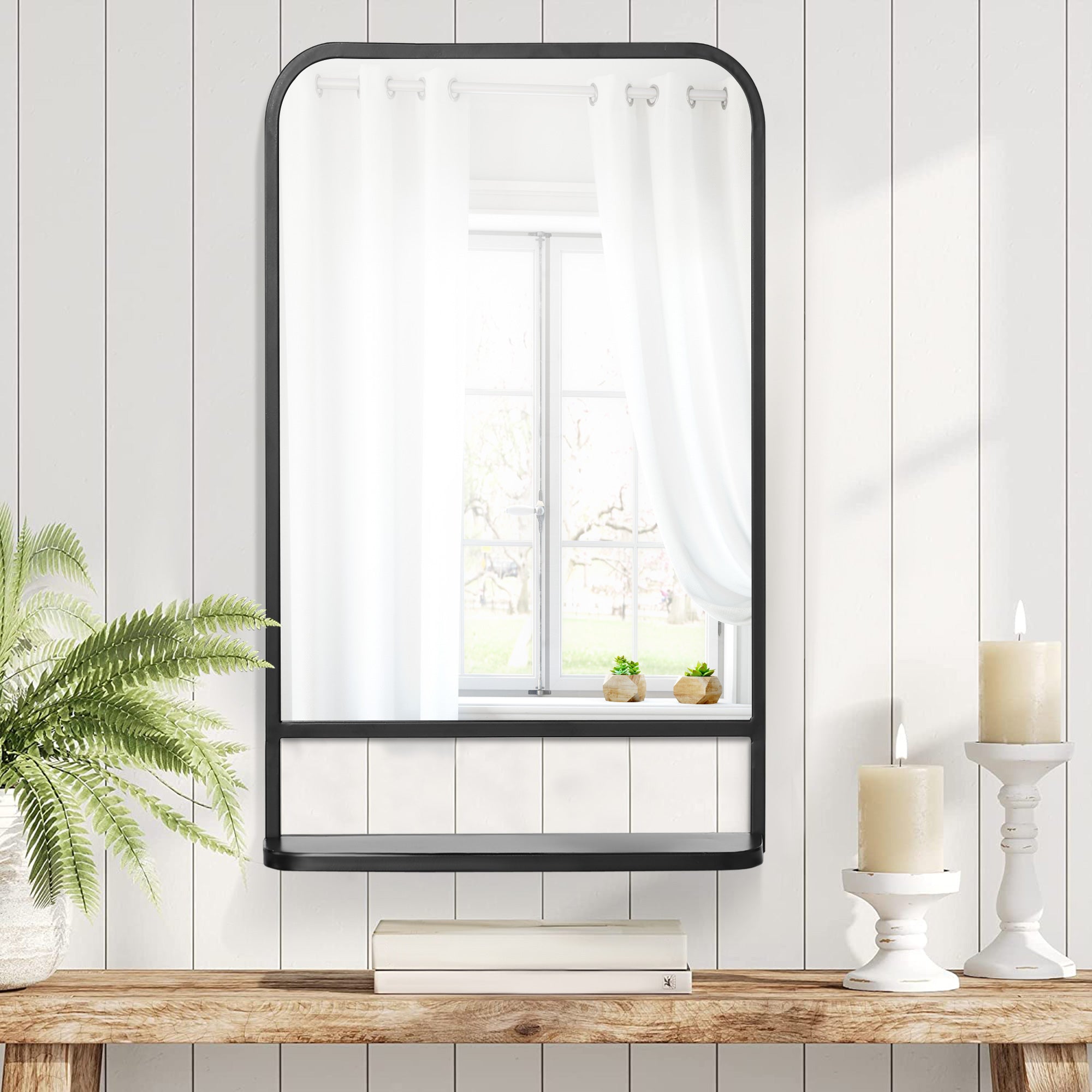 HOMCOM Modern Square Wall Mirror with Storage Shelf, 86 x 53 Mirrors for Living Room, Bedroom, Black - North Peak Garden Furniture