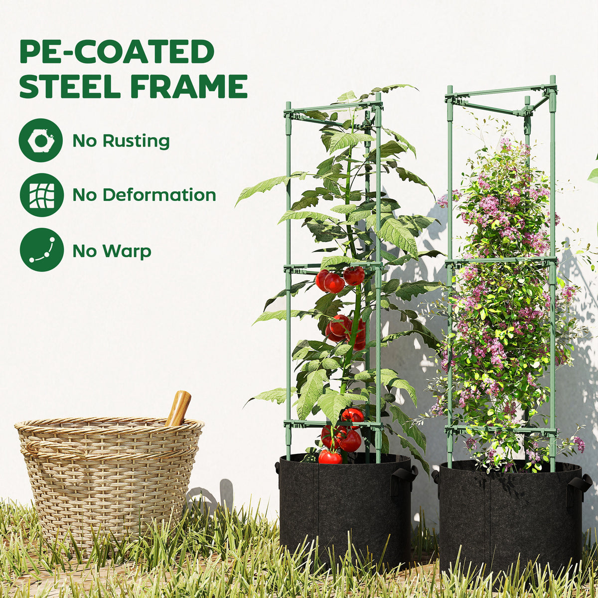 Outsunny 3 Packs Tomato Cages with 83.7L Grow Bags, 120cm Adjutstable Triangle Plant Stakes Support Trellis with Planter Bags