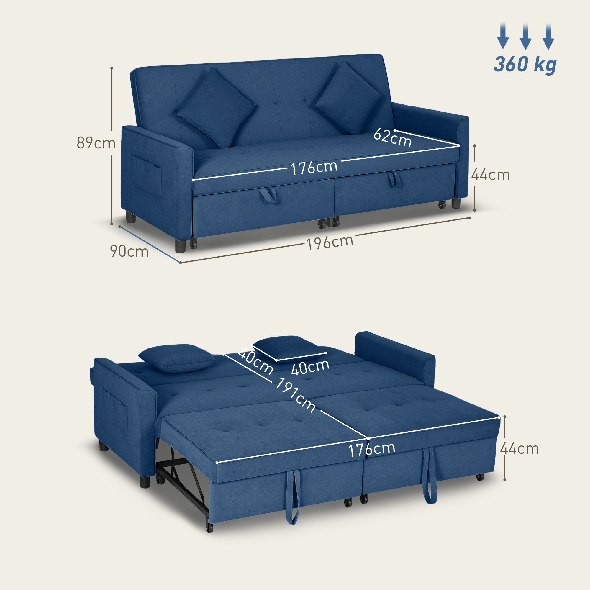HOMCOM Three-Person Velvet-Feel Sofa Bed - Blue - North Peak Garden Furniture