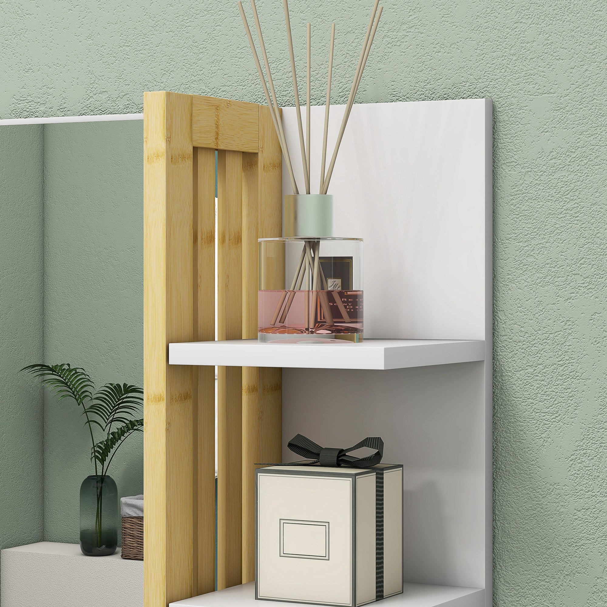 HOMCOM Bamboo Panel Bathroom Mirror, with Shelves - White - North Peak Garden Furniture
