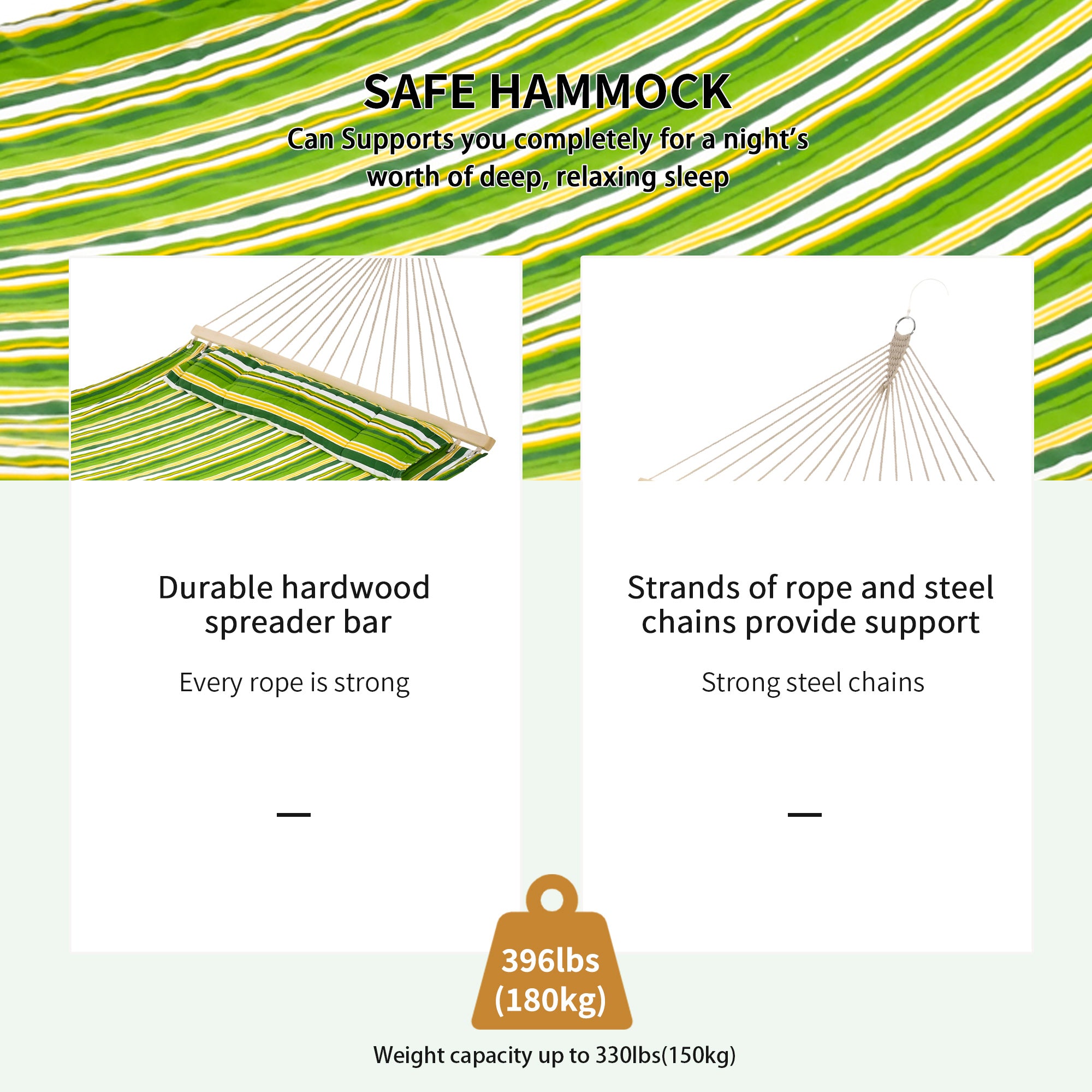 Outsunny Outdoor Garden Hammock with Stand, Double Cotton Hammock with Adjustable Steel Frame, Swing Hanging Bed with Pillow, for Garden, Patio, Beach, Green Stripes