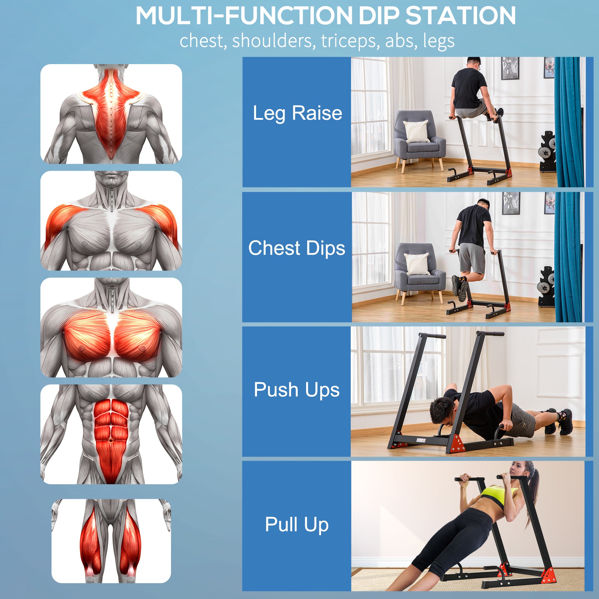 HOMCOM Dip Stand Station Heavy Duty Upper Body Workout Equipment Angled Grip for Triceps dips Pull Ups Push Ups for Home Gym Office, Black - North Peak Garden Furniture