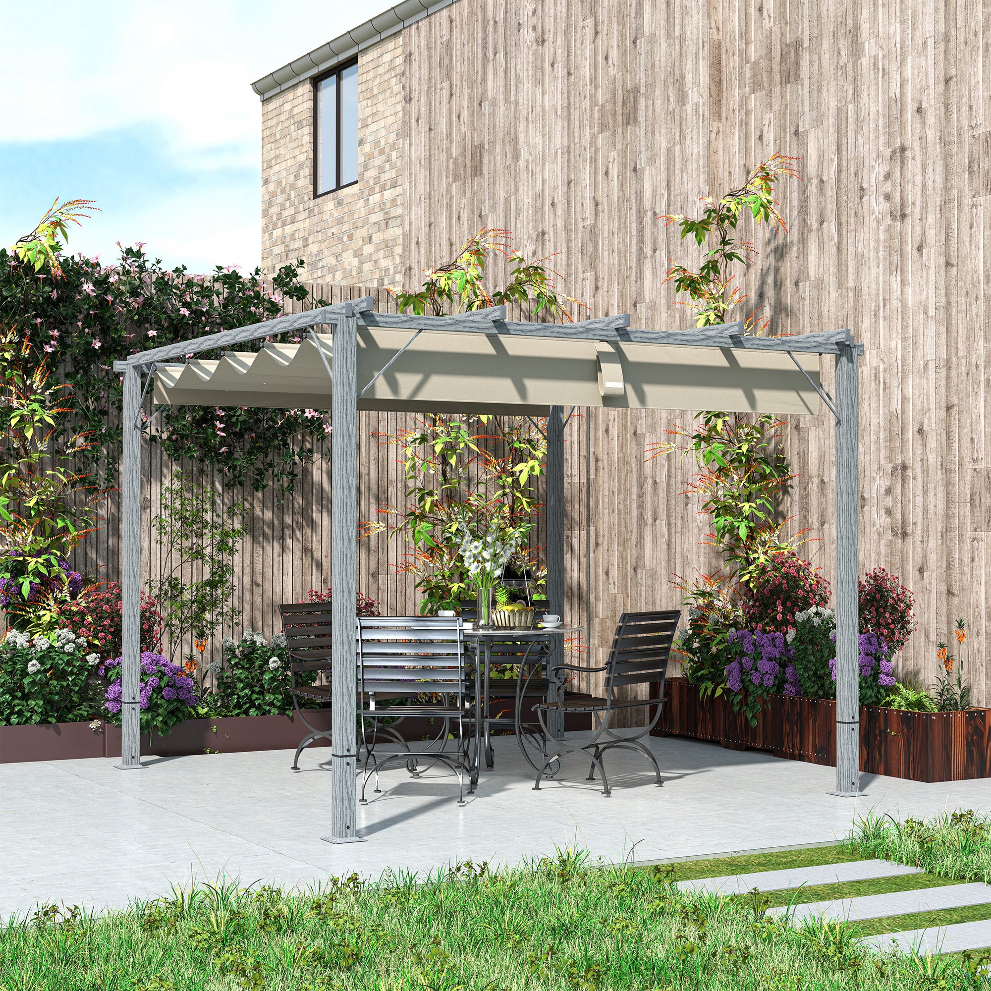 Outsunny 3 x 3 m Retractable Roof Pergola - Grey - North Peak Garden Furniture