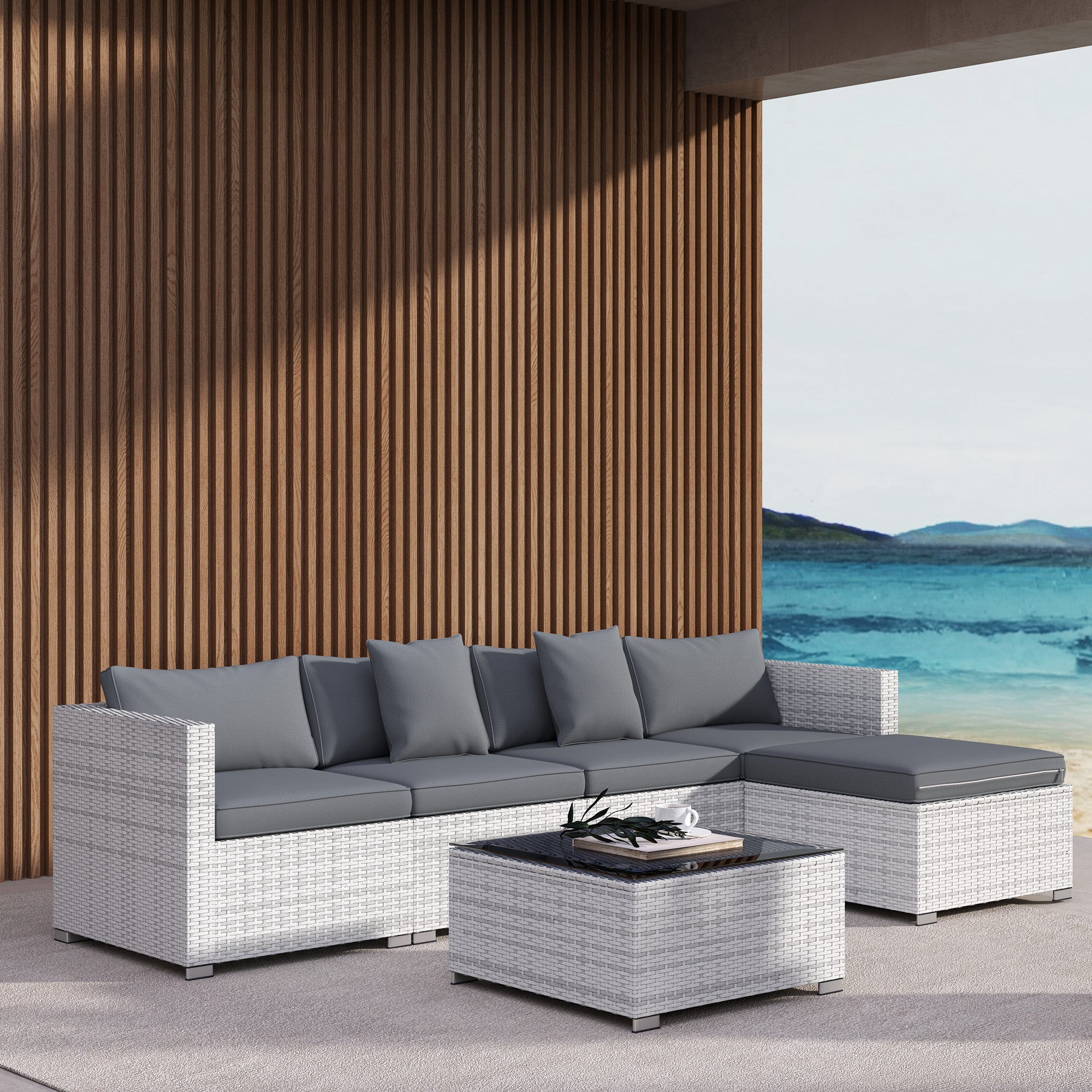 Outsunny 6 Pieces Rattan Corner Sofa Set - Mixed Grey - North Peak Garden Furniture