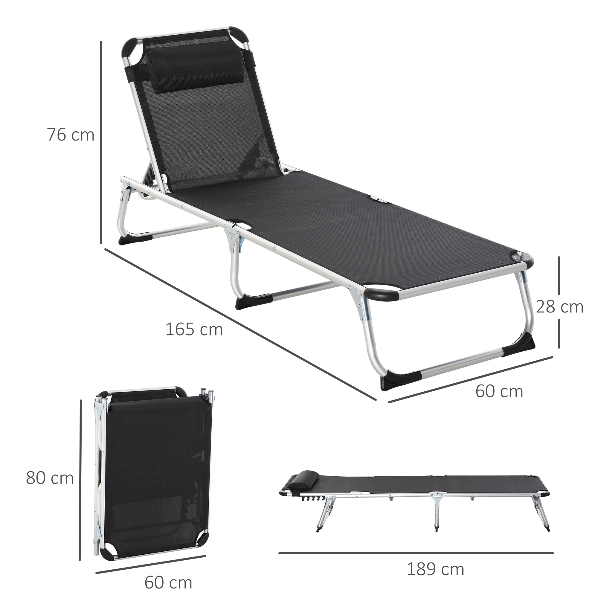 Outsunny Foldable Outdoor Sun Lounger, Reclining Lounge Chair Camping Bed Cot with Pillow 4-Level Adjustable Back Aluminium Frame, Black