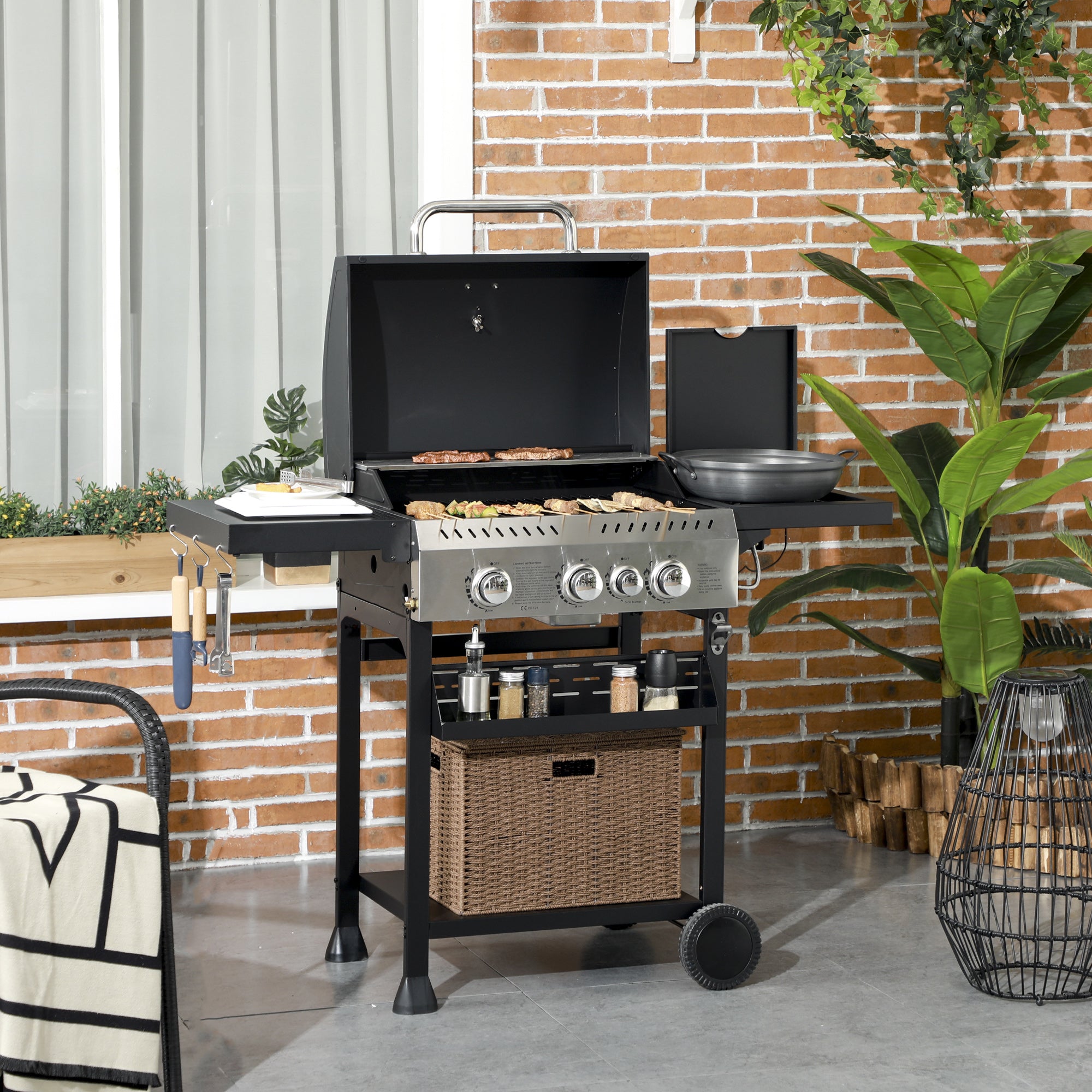 Outsunny Four-Burner Steel Gas Grill, with Thermometer - Black - North Peak Garden Furniture