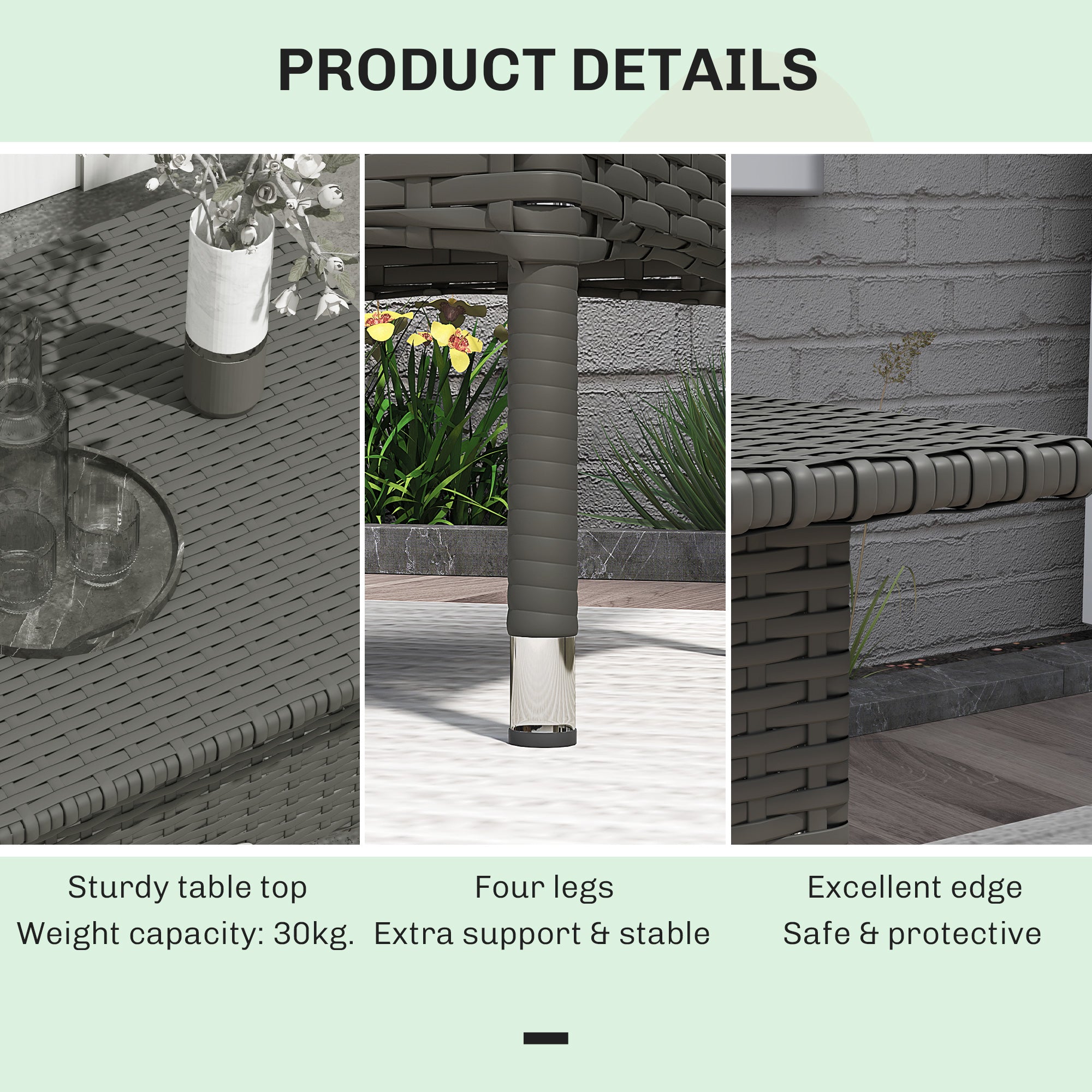 Outsunny Rattan Side Table, Outdoor Coffee Table with Plastic Board Under the Full Woven Table Top for Patio, Garden, Balcony, Grey - North Peak Garden Furniture