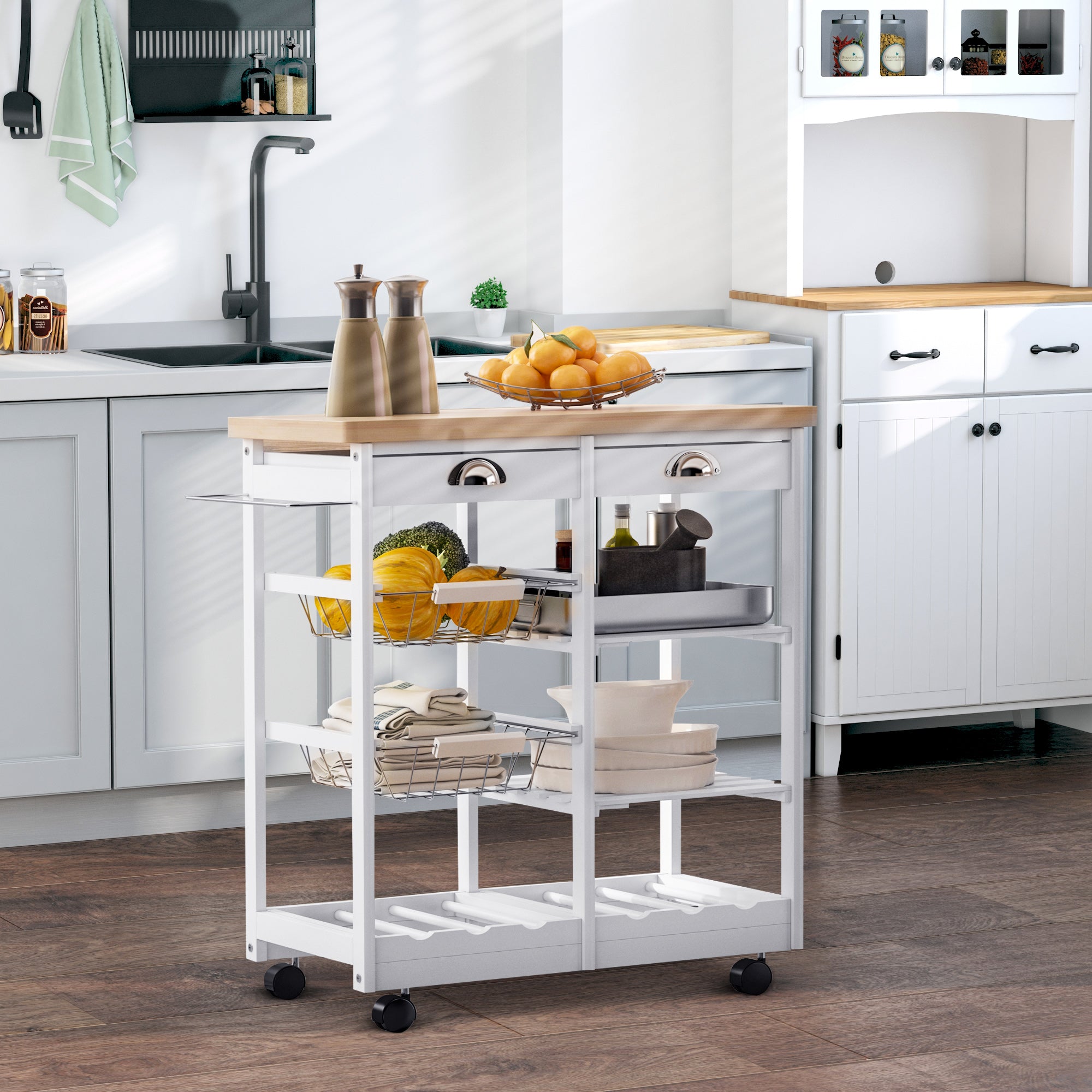 HOMCOM Rolling Kitchen Island Trolley Cart Drawer Shelves Basket Wheels W/ 6 Bottle Wine Rack White - North Peak Garden Furniture
