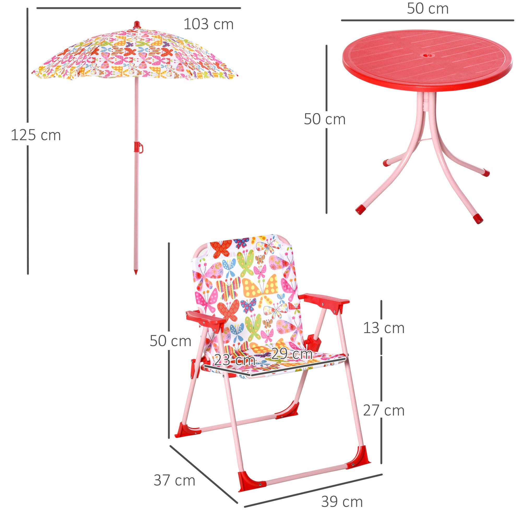 Outsunny Kids Outdoor Bistro Table and Chair Set Butterfly Pattern Garden Patio Backyard with Removable & Height Adjustable Parasol