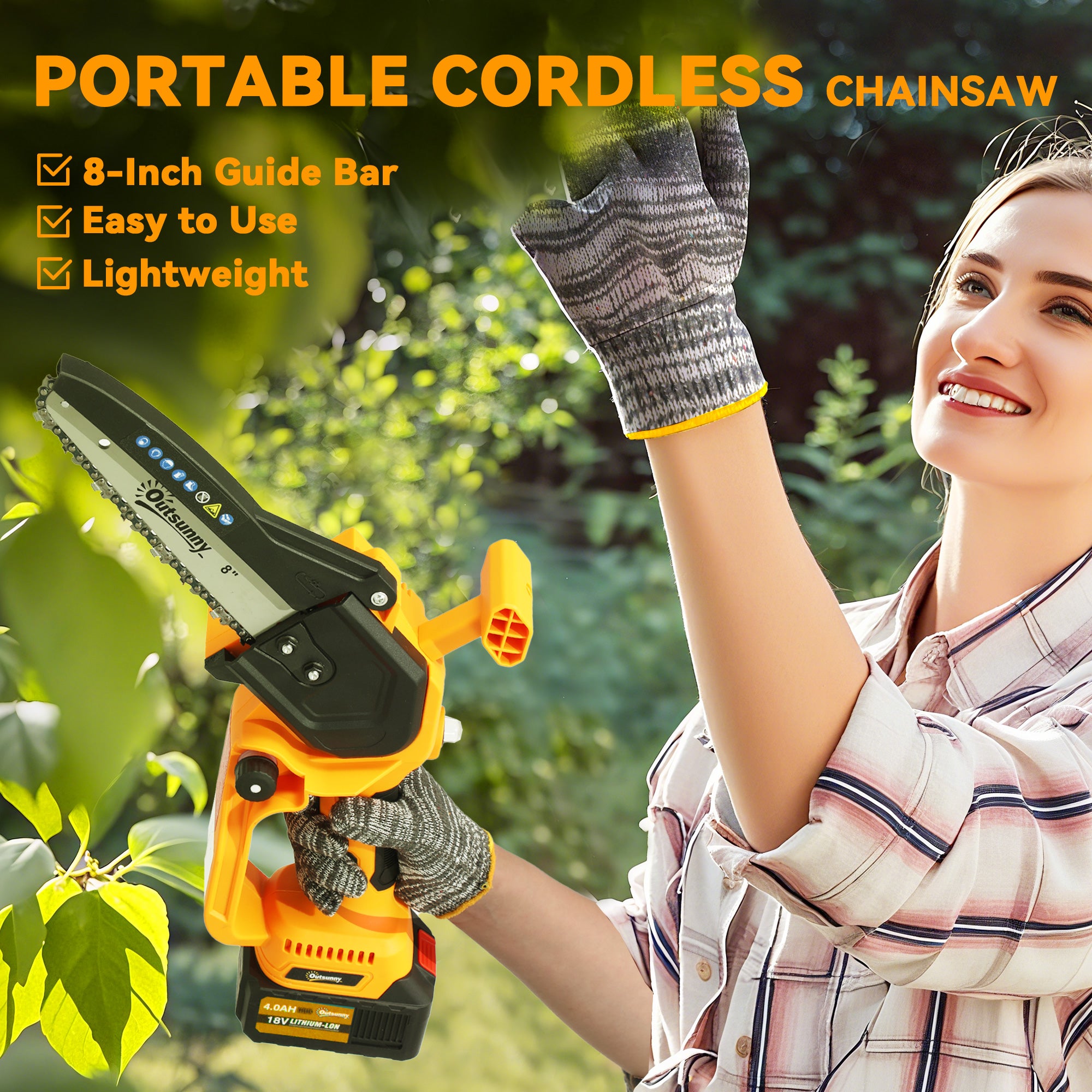 Outsunny 8 Inch Electric Chainsaw, Cordless Chain Saw with Brushless Motor, 2 4.0Ah Batteries and Safety Lock, Handheld Portable Wood Pruning Saw for Trimming Cutting, Orange - North Peak Garden Furniture