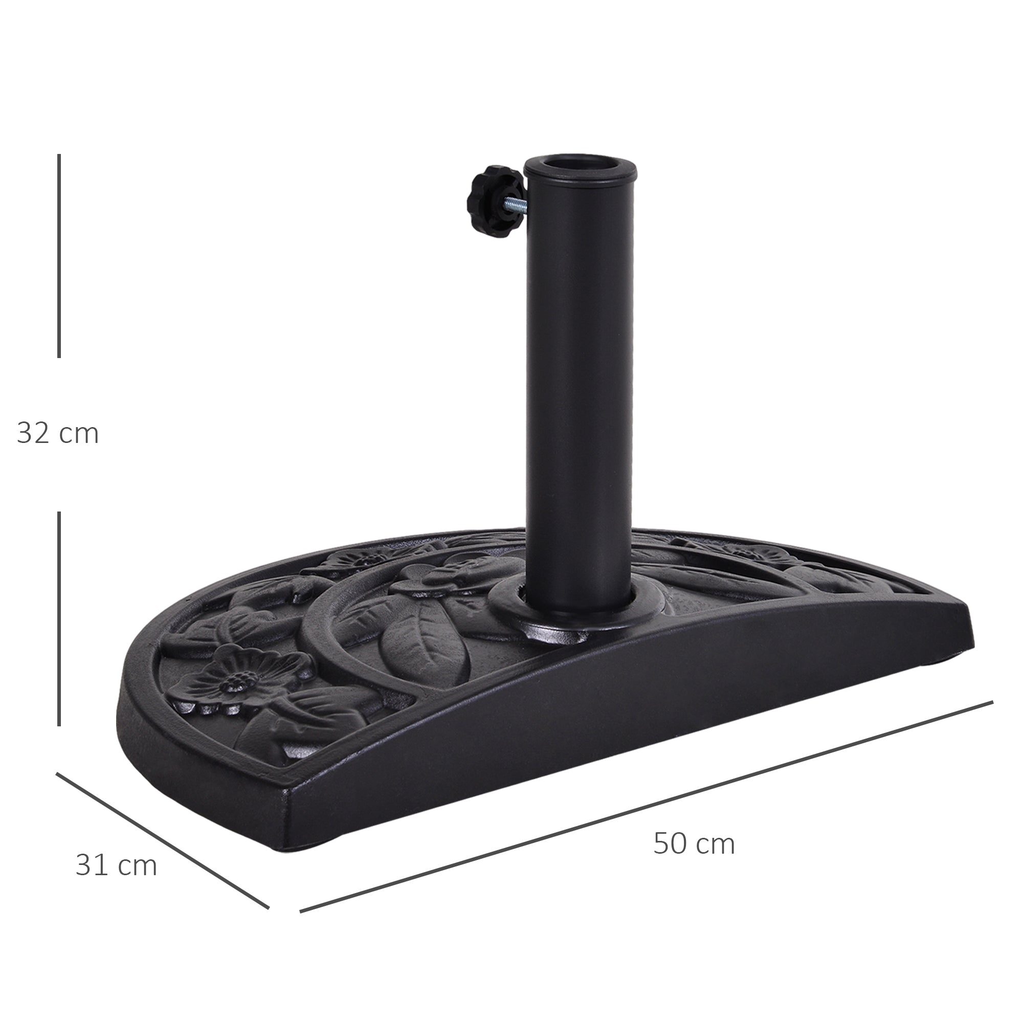 Outsunny 9kg Resin Parasol Base, Half Round Umbrella Stand with Floral Design for Garden, Outdoor, Suitable Umbrella Rod: Φ3.8cm, Φ4.8cm, Black - North Peak Garden Furniture