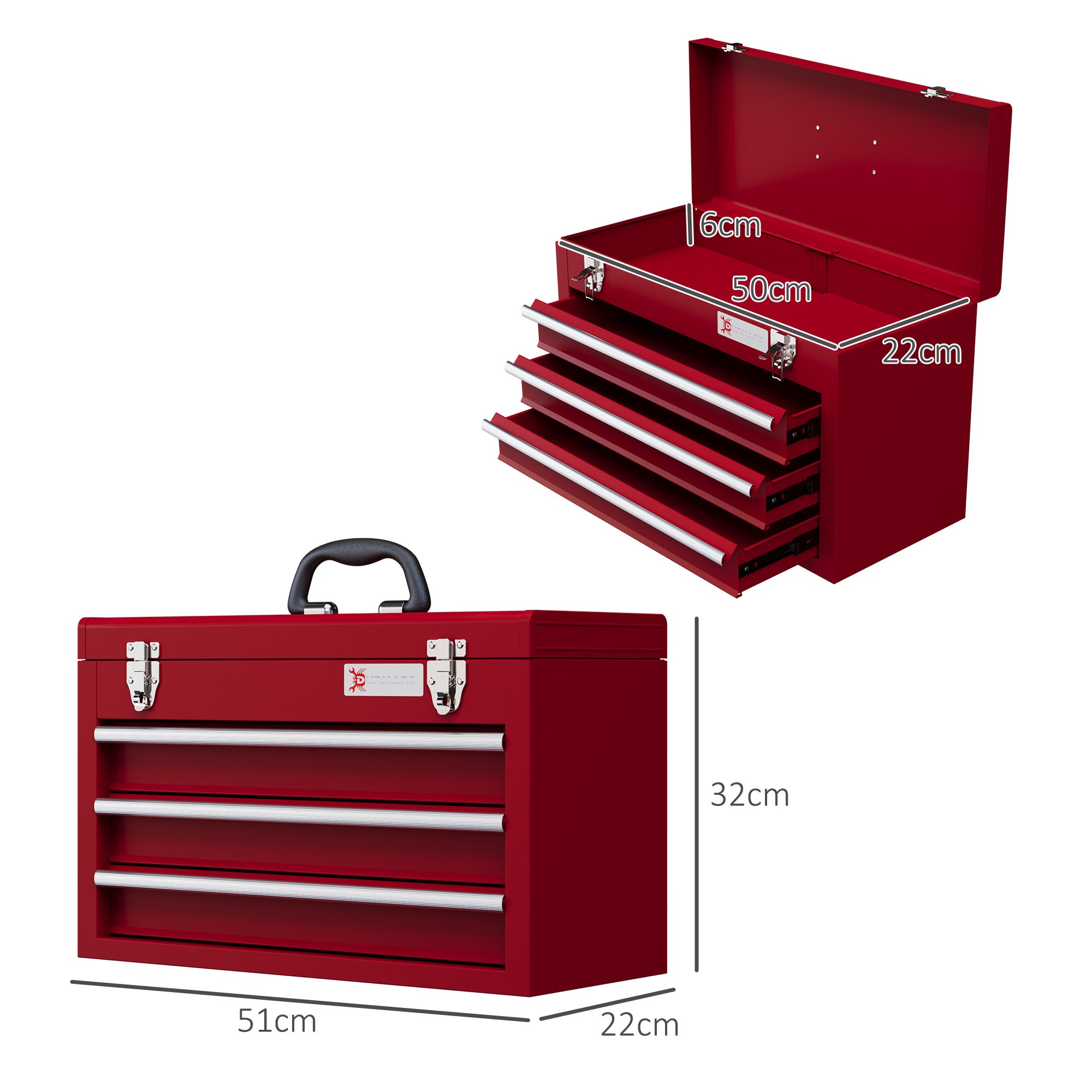 DURHAND Lockable Metal Tool Box, 3 Drawer Tool Chest with Latches, Handle, Ball Bearing Runners, Red