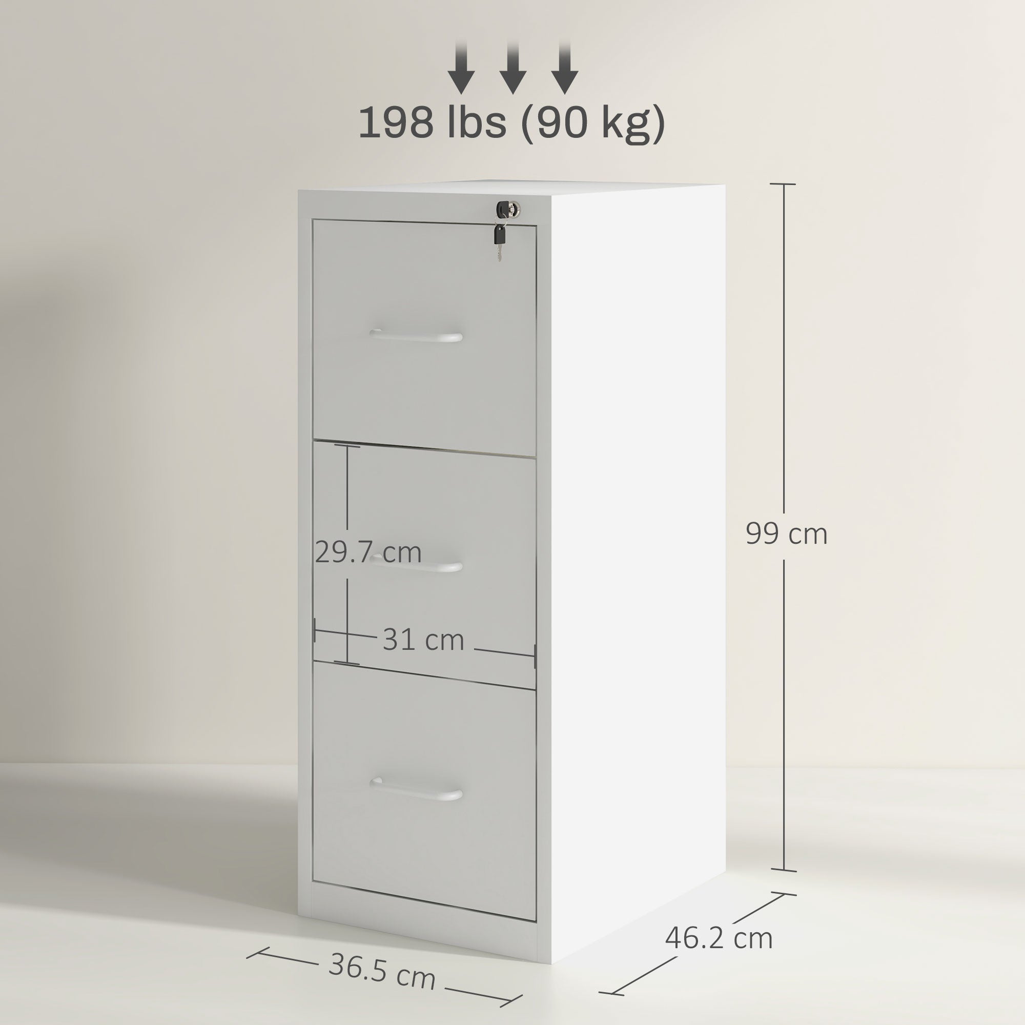 HOMCOM Three-Drawer Modern Steel Filing Cabinet - Cream - North Peak Garden Furniture