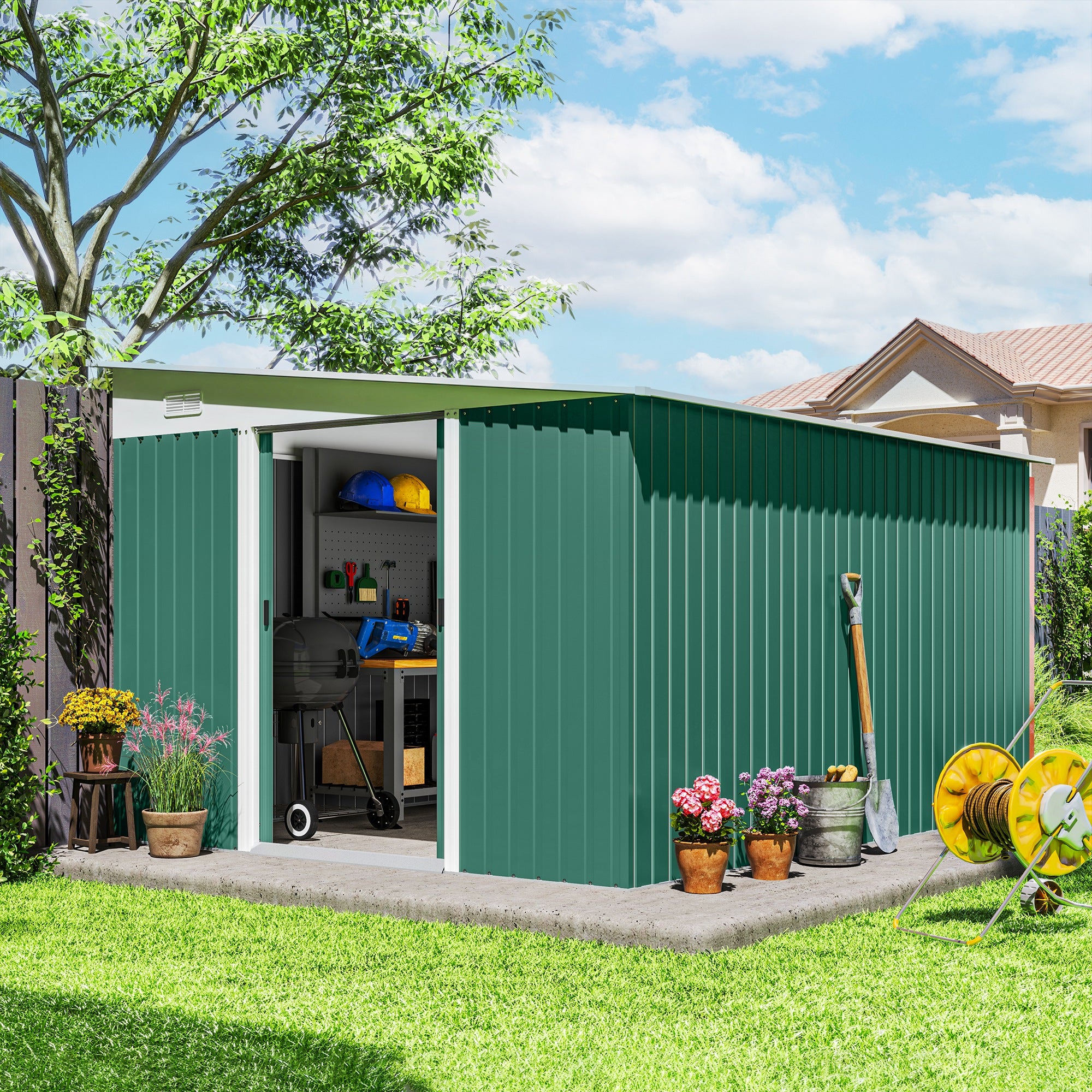 Outsunny Garden Metal Storage Shed Outdoor Metal Tool House with Double Sliding Doors and 2 Air Vents, 11.3x9.2ft, Green - North Peak Garden Furniture