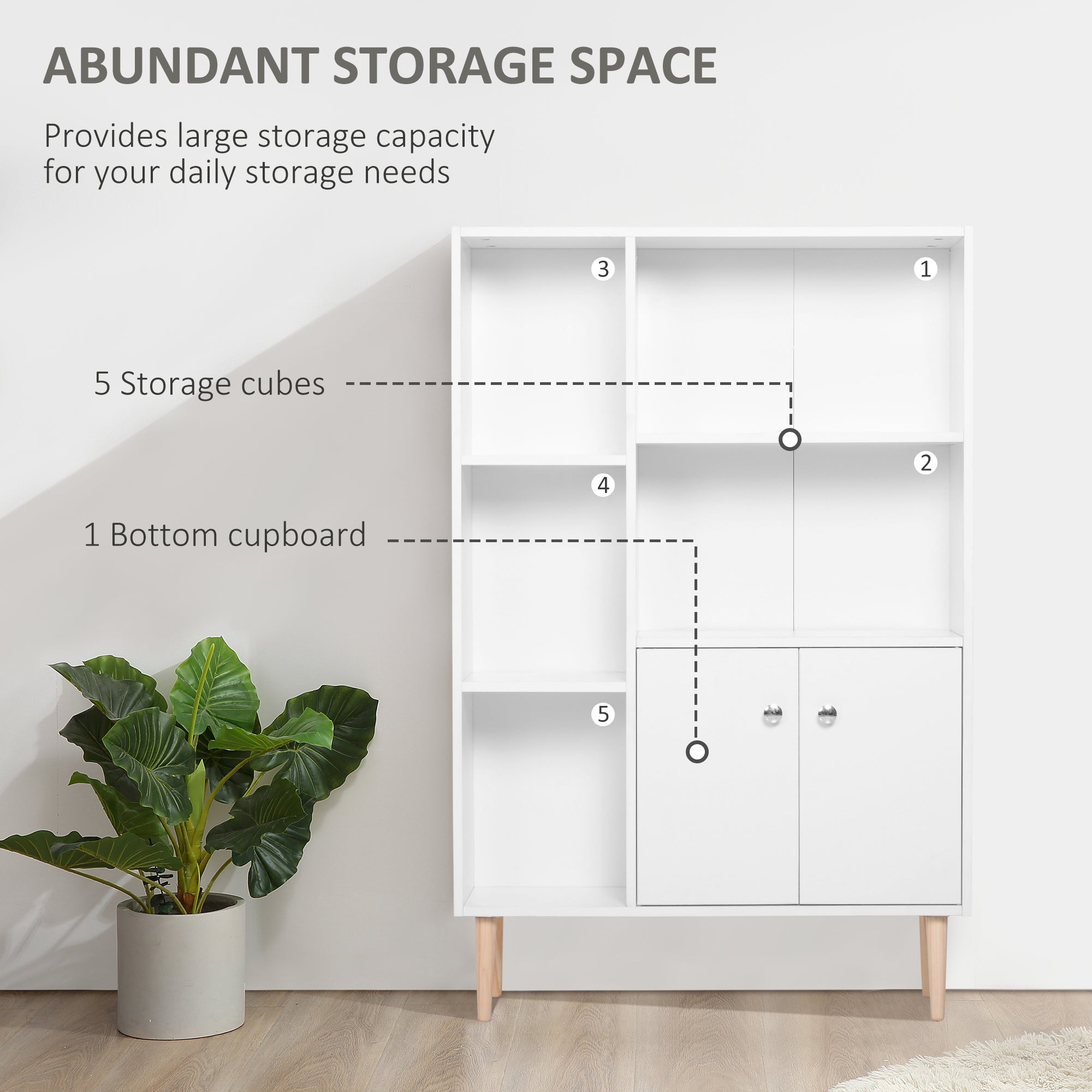 HOMCOM Sideboard Storage Cabinet Cupboard, Open Bookcase with 2 Doors 5 Compartments Wooden Modern Style for Living Room Bedroom Kitchen 80 x 23 x 123 cm, White