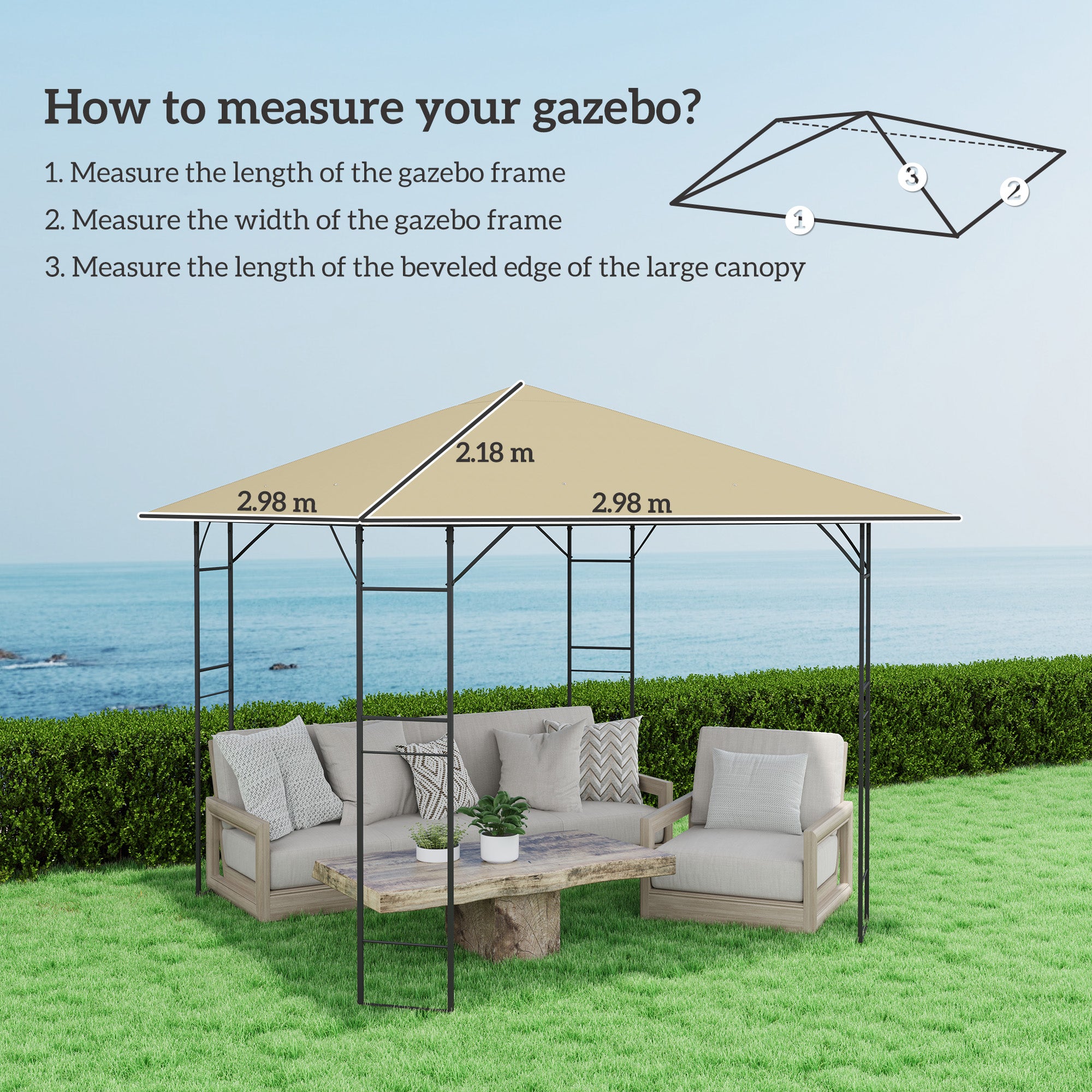 Outsunny 3 x 3(m) Gazebo Canopy Replacement Cover, Garden Gazebo Roof Replacement with Drain Holes, Water Resistant PVC Coating, 370g/㎡, UPF30+, TOP COVER ONLY, Beige - North Peak Garden Furniture