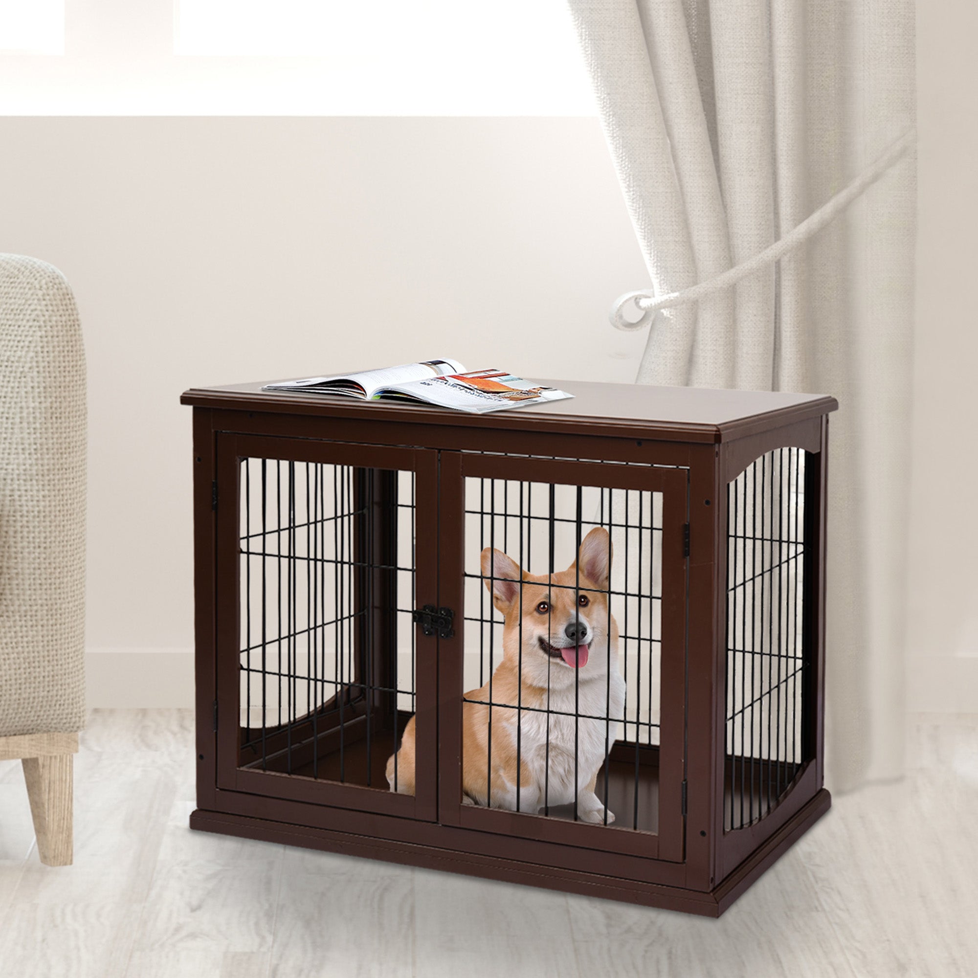 PawHut 66cm Modern Indoor Pet Cage w/ Metal Wire 3 Doors Latches Base Small Animal House Tabletop Crate Decorative Stylish Brown