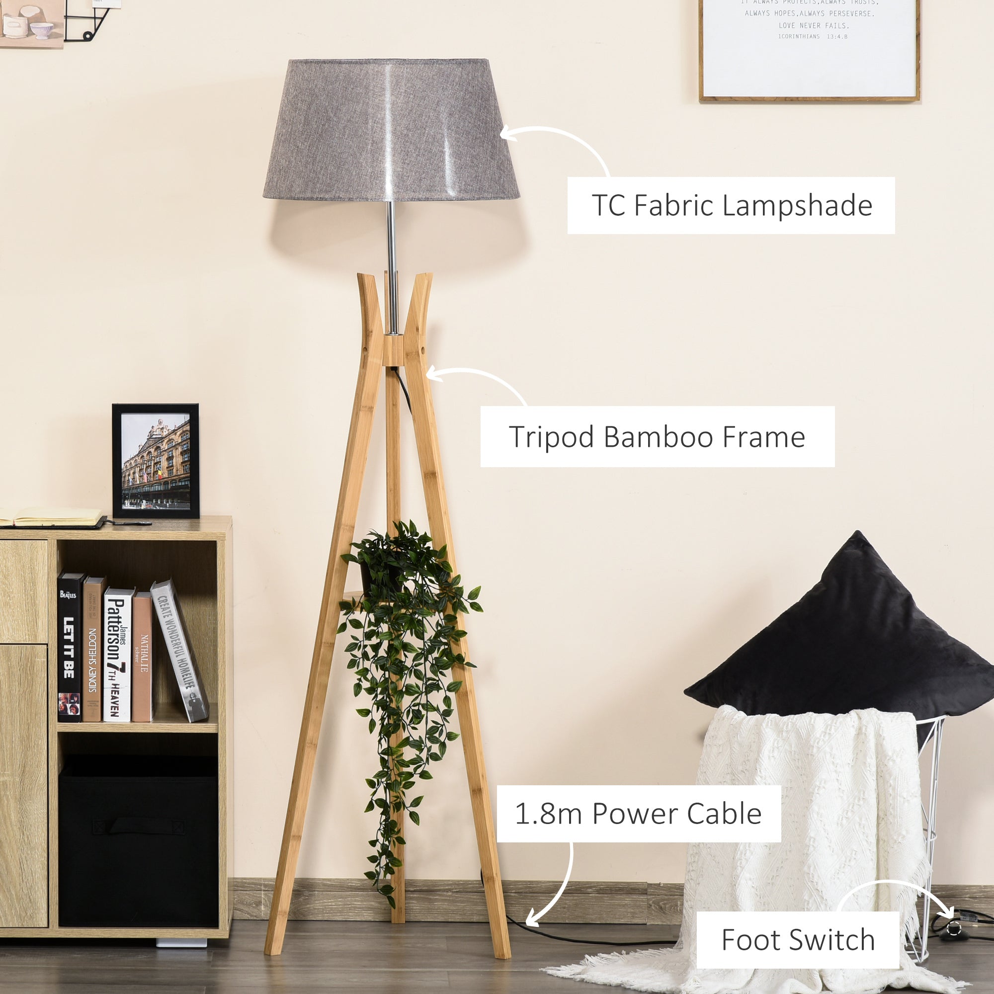 HOMCOM Natural Wood Tripod Floor Lamp Light E27 Base Bedroom Living Room Fabric Shade Storage Shelf Foot Switch, 156cm, Grey - North Peak Garden Furniture