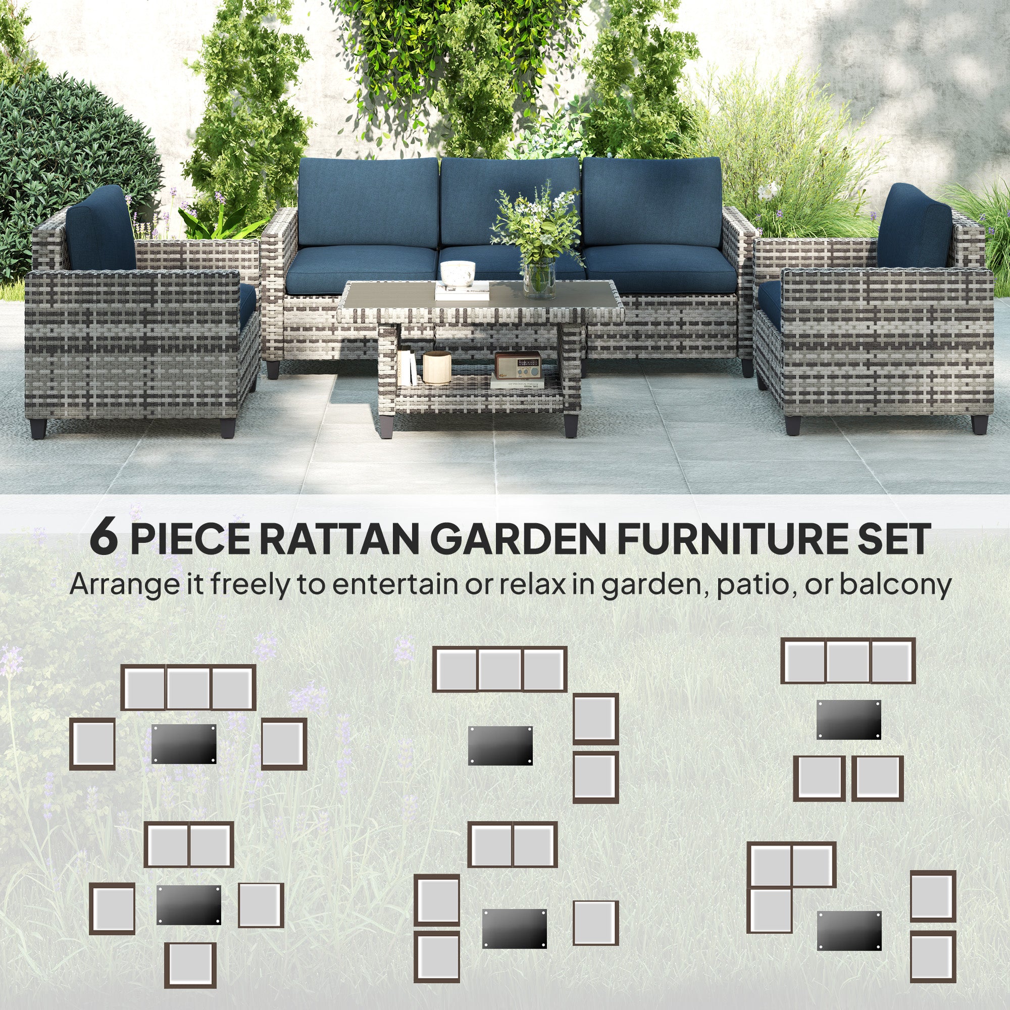 Outsunny Six-Piece Modular Rattan Sofa Set - Navy Blue - North Peak Garden Furniture