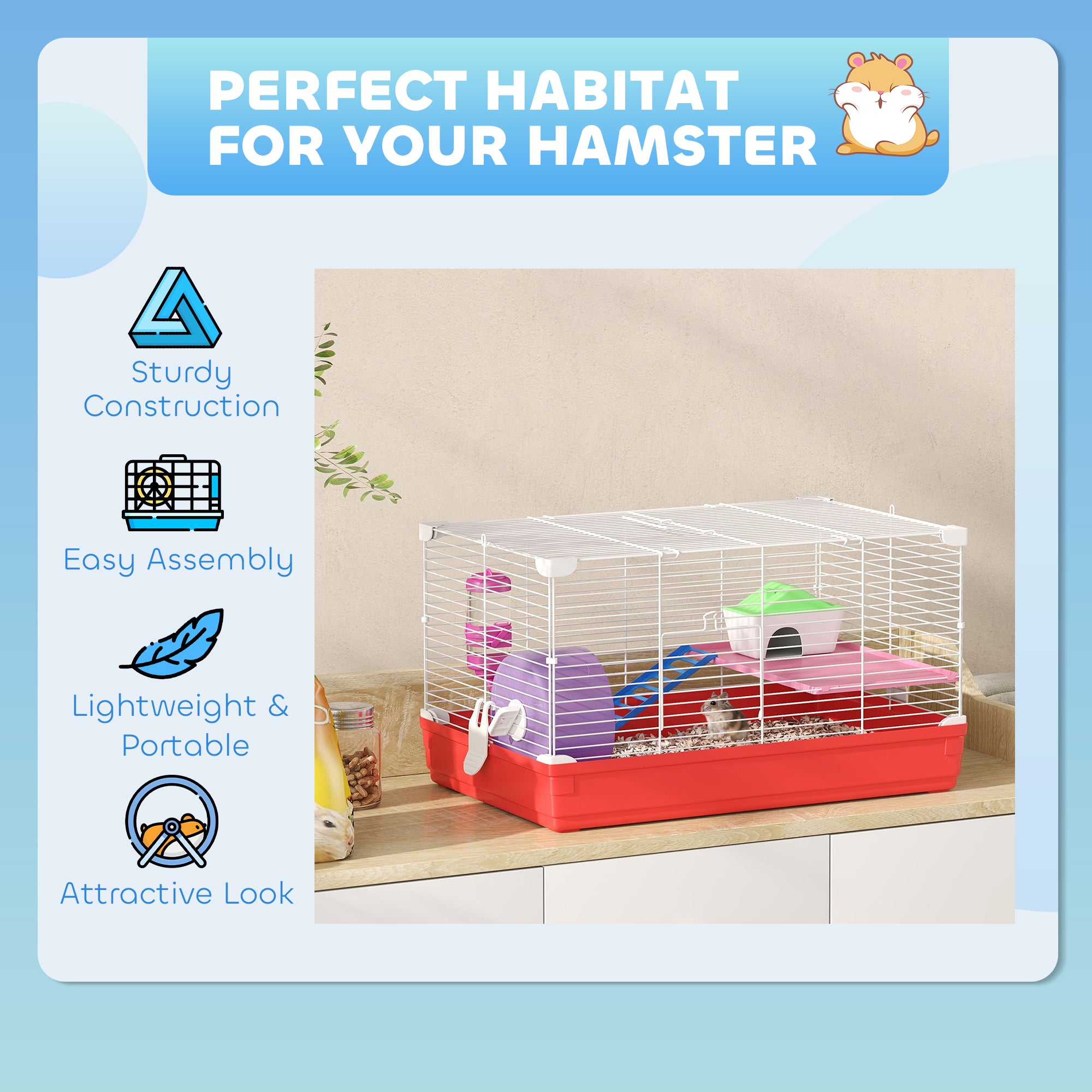 PawHut Portable 2 Storey Hamster Cage Small Pet Animal Cage Double Layers w/ Exercise Wheel Water Bottle Dishes