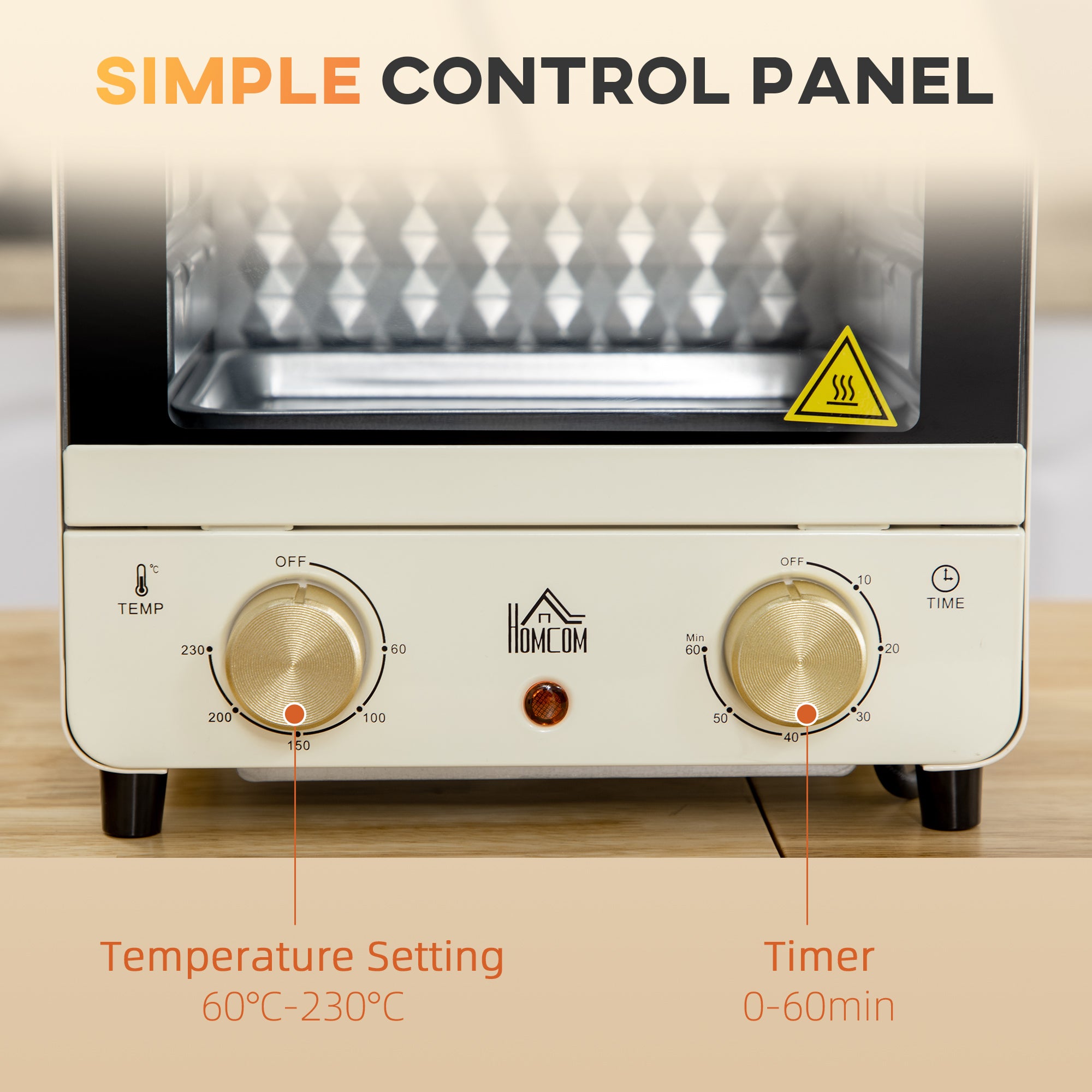 HOMCOM Mini Oven, 15 Litres Electric Oven and Grill with 60-230℃ Adjustable Temperature, 60 Minute Timer, Include Baking Tray, Wire Rack and Crumb Tray, 1000W, Cream White - North Peak Garden Furniture
