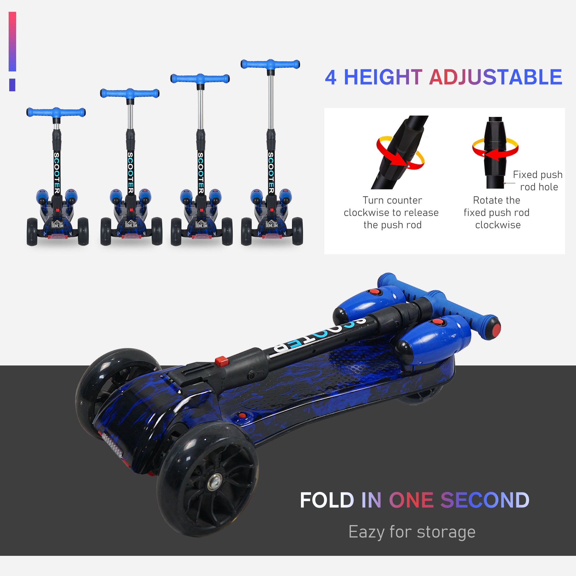 HOMCOM Scooter for Kids Toddler 3 Wheel Adjustable Height w/ Flashing Wheels Music Water Spray Foldable Kick Scooter for Boys and Girls 3 - 6 Yrs Blue - North Peak Garden Furniture