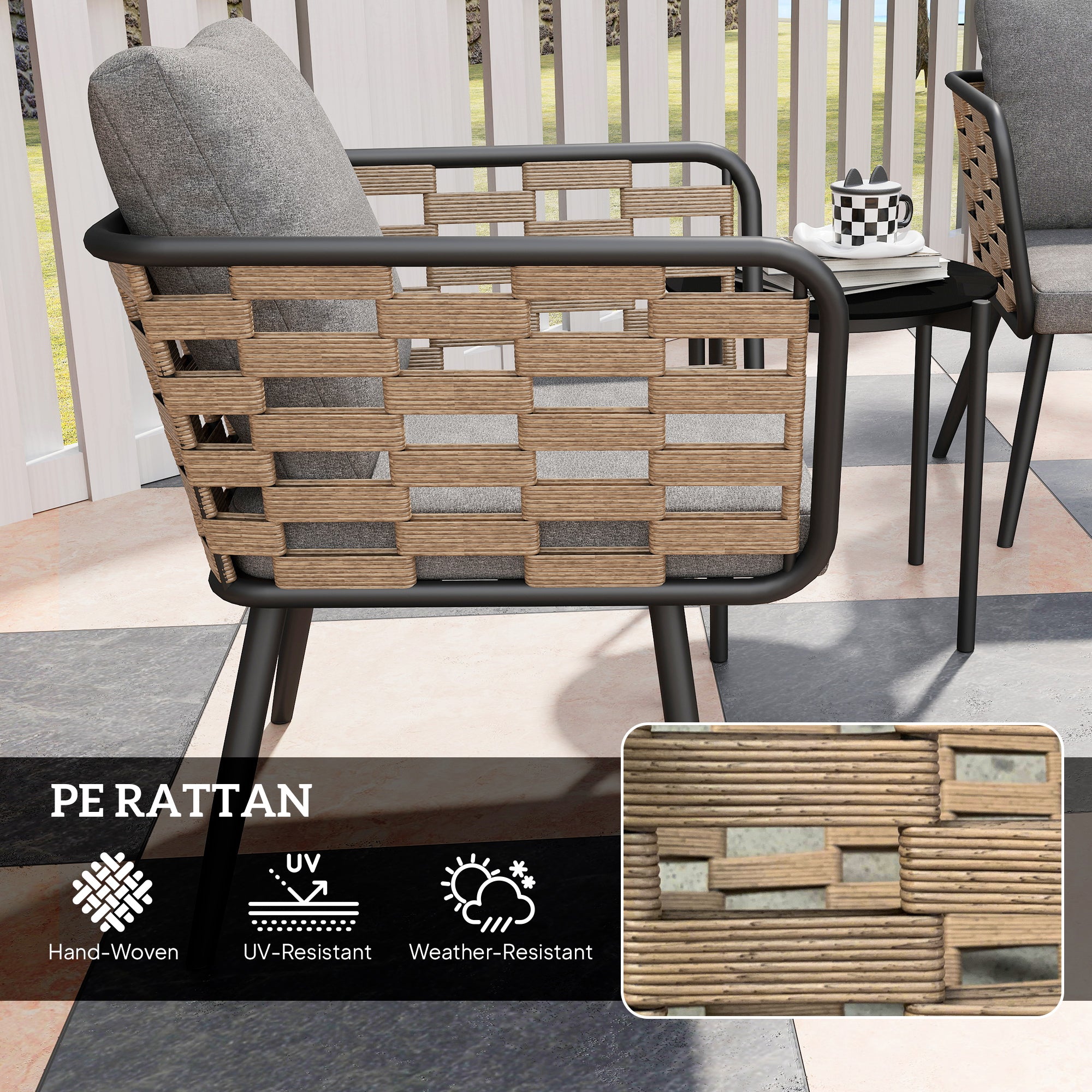 Outsunny 3 Pieces Rattan Bistro Set with Washable Seat and Back Cushions, Glass Top Coffee Table, for Outdoor, Patio, Black - North Peak Garden Furniture