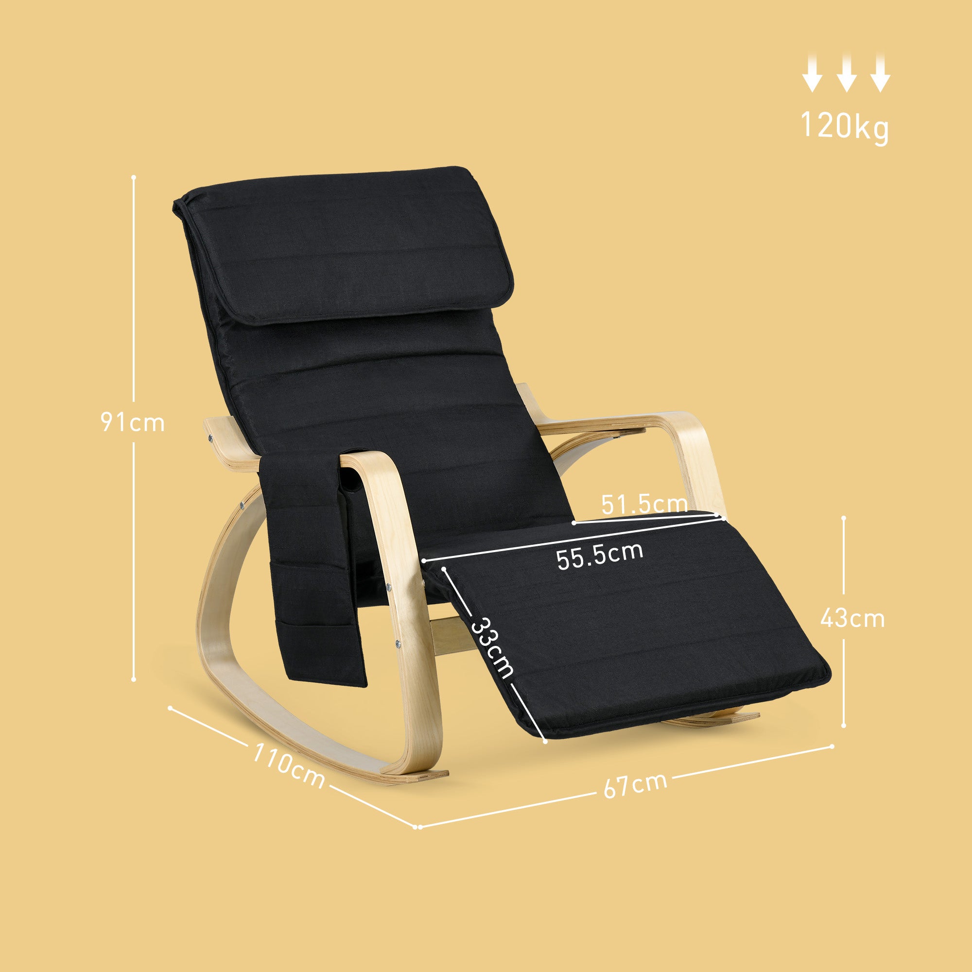 HOMCOM Rocking Lounge Chair Recliner Relaxation Lounging Relaxing Seat with Adjustable Footrest, Side Pocket and Pillow, Black - North Peak Garden Furniture