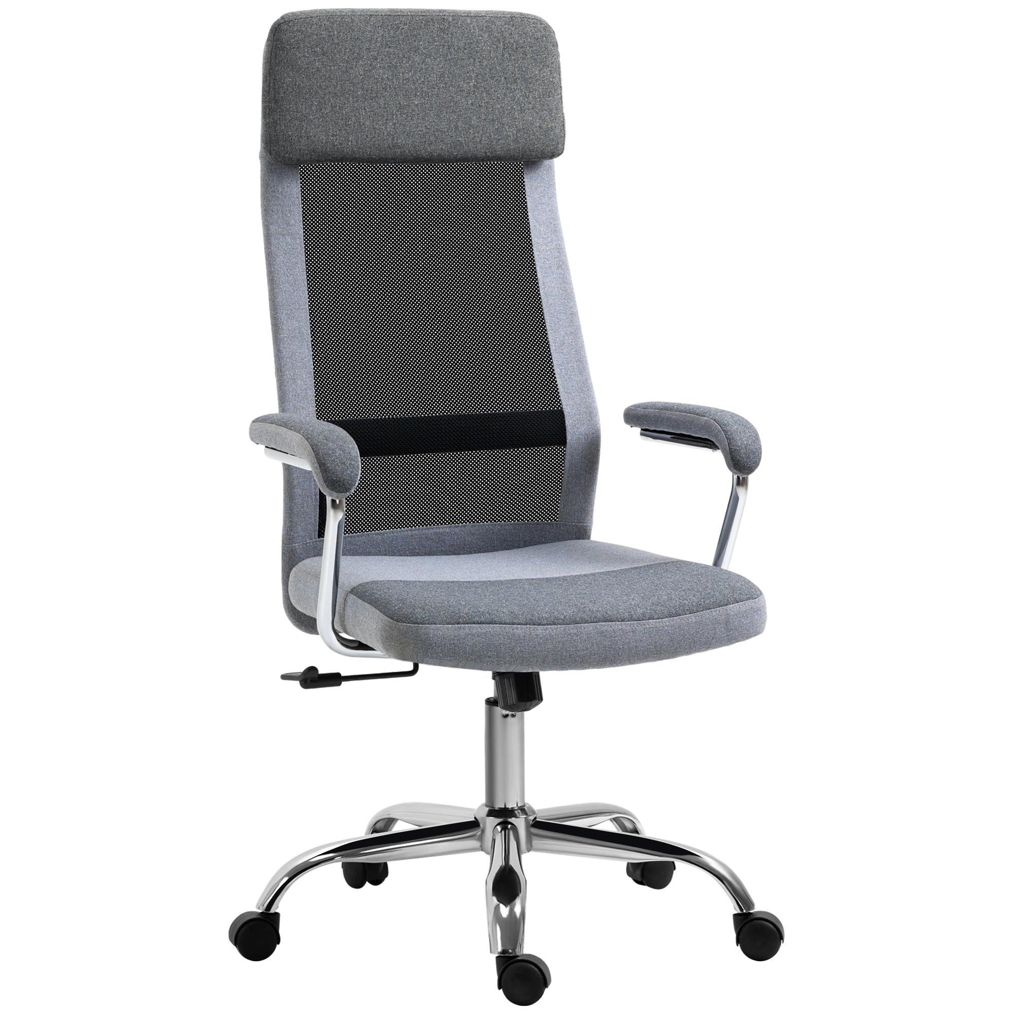 Vinsetto Office Chair, Ergonomic Desk Chair, High Back Computer Chair with Adjustable Height, Swivel Rolling Wheels, Mesh Back and Linen-Feel Fabric Seat for Home and Study, Grey - North Peak Garden Furniture