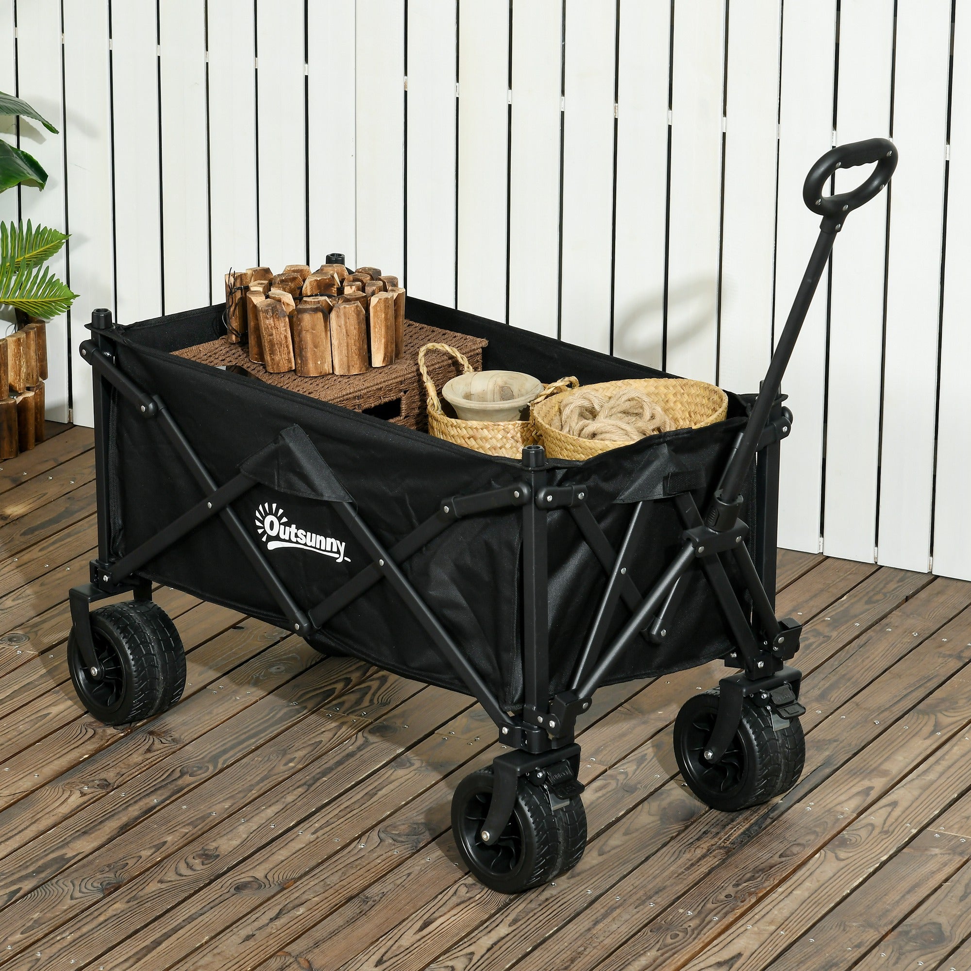 Outsunny Folding Garden Trolley, Outdoor Wagon Cart with Carry Bag, for Beach, Camping, Festival, 120KG Capacity, Black - North Peak Garden Furniture