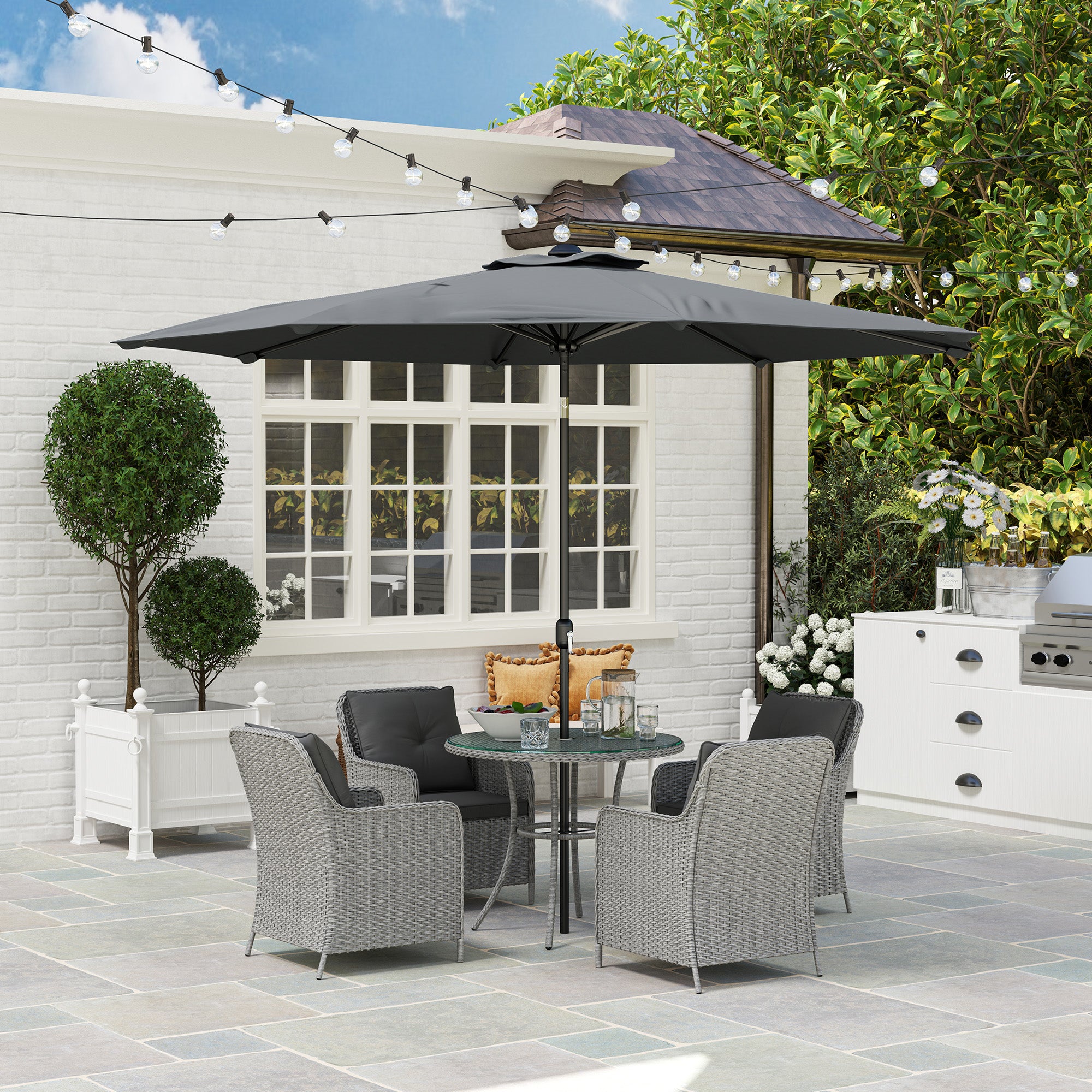Outsunny 4 Seater Rattan Dining Set with Parasol & Cushions - Light Grey - North Peak Garden Furniture