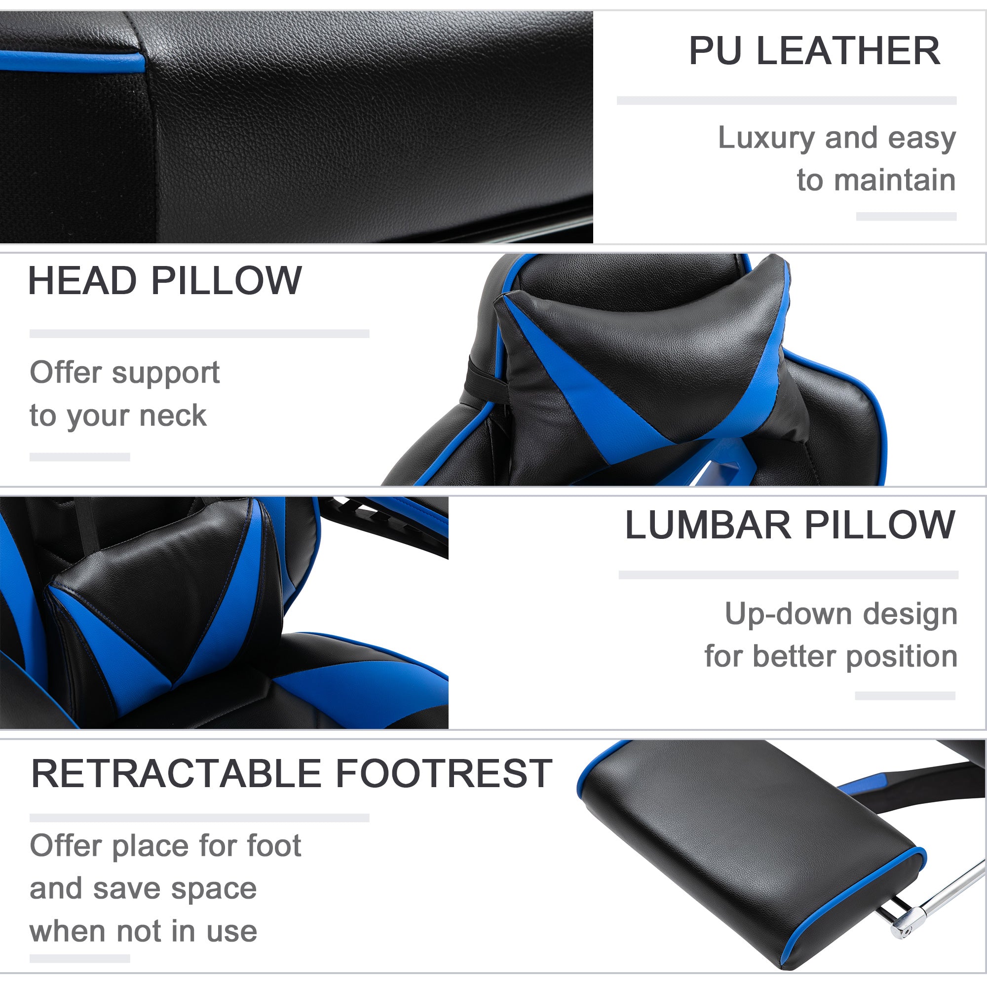 Vinsetto Faux Leather Reclining Gaming Chair, with Footrest - Blue/Black - North Peak Garden Furniture