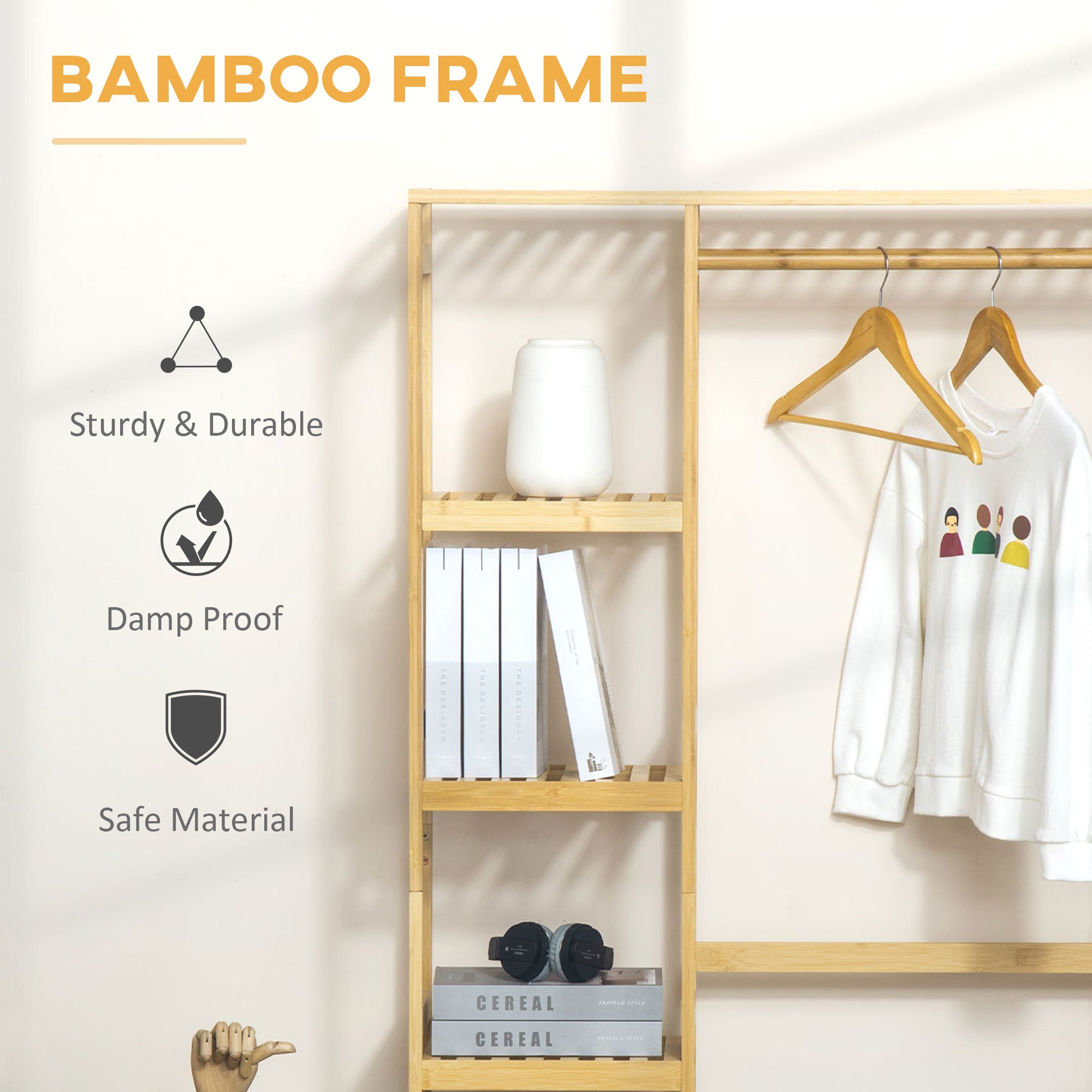 HOMCOM Bamboo Garment Rack, Clothes Rack with Storage Shelf, Hanging Rail and Side Hooks for Entryway, Bedroom, Bathroom and Office, Natural - North Peak Garden Furniture