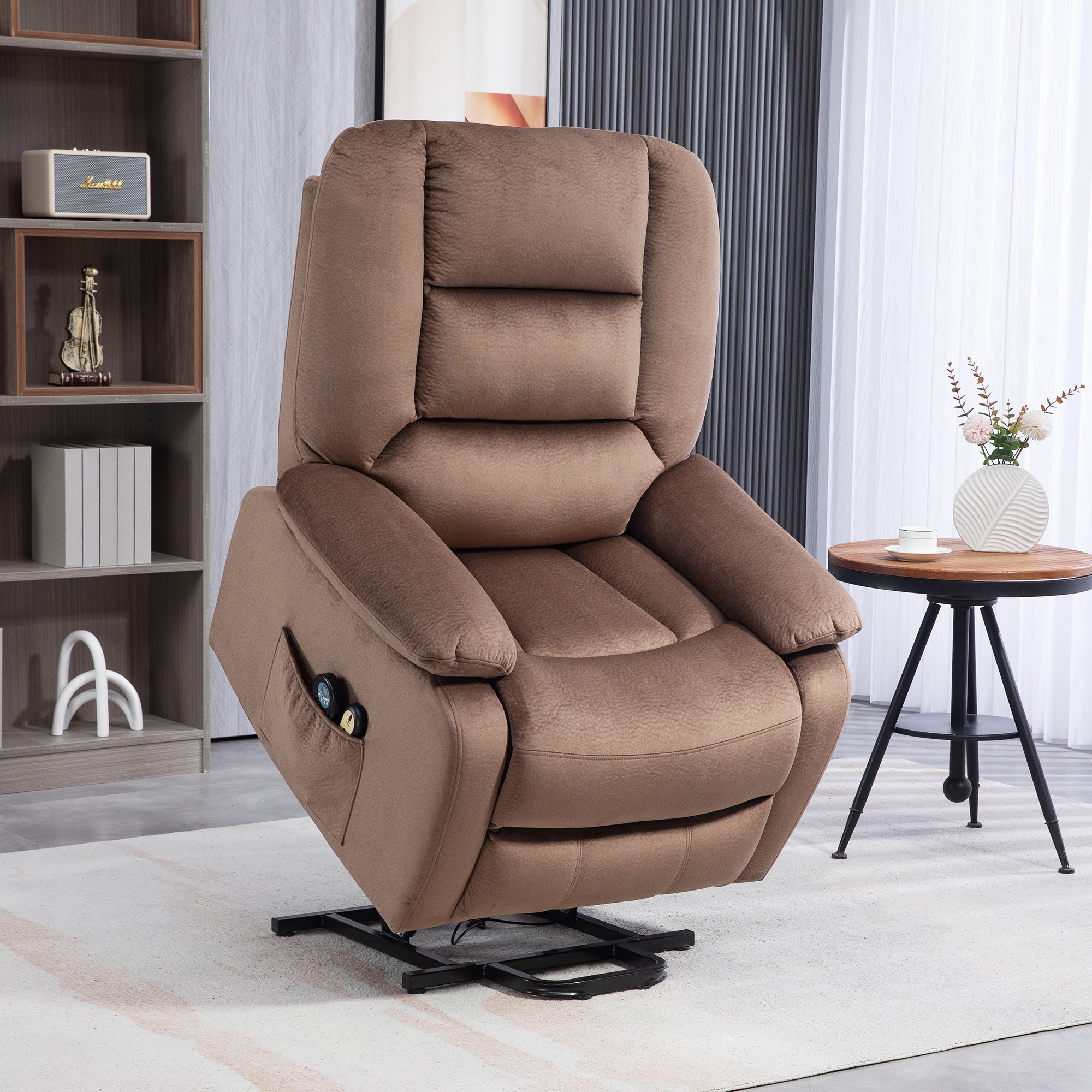 HOMCOM Velvet-Feel Electric Lift-and-Recline Massage Armchair, with Remote - Brown - North Peak Garden Furniture