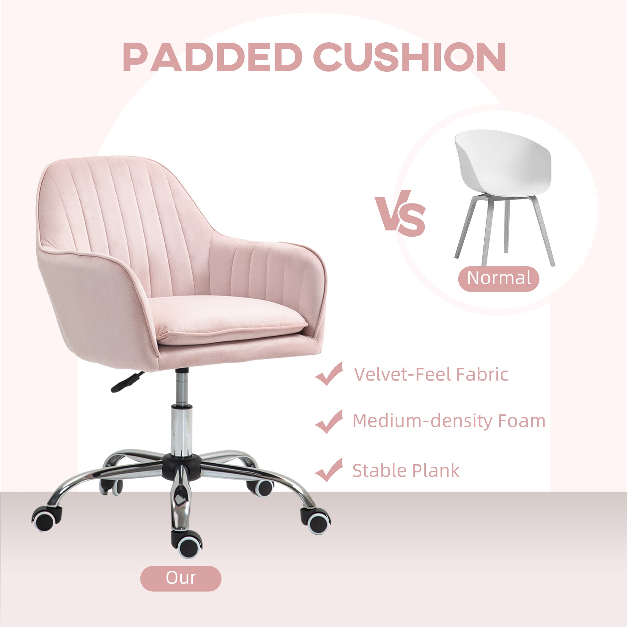 HOMCOM Velvet-Feel Tub Office Chair, with Seat Cushion - Pink - North Peak Garden Furniture