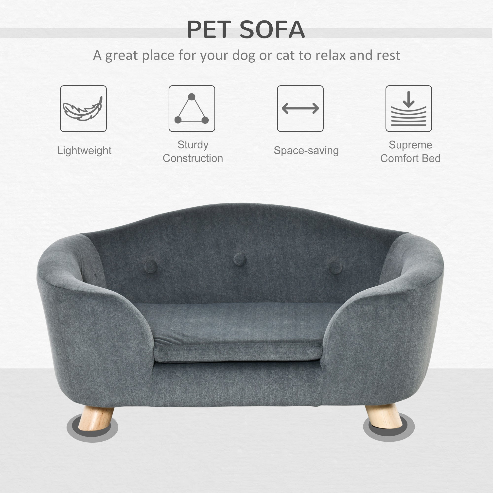 PawHut Dog Sofa Bed Pet Chair Couch with Water Resistant Fabric, Kitten Lounge with Soft Cushion Washable Cover, Wooden Frame for Mini Size Dogs - Grey - North Peak Garden Furniture