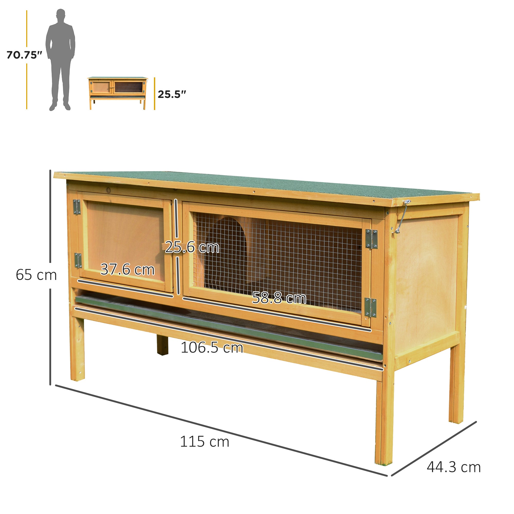 PawHut Rabbit Hutch Outdoor Guinea Pig Hutch House Small Animal Bunny Cage w/ Openable Roof, 115 x 44 x 65 cm - North Peak Garden Furniture
