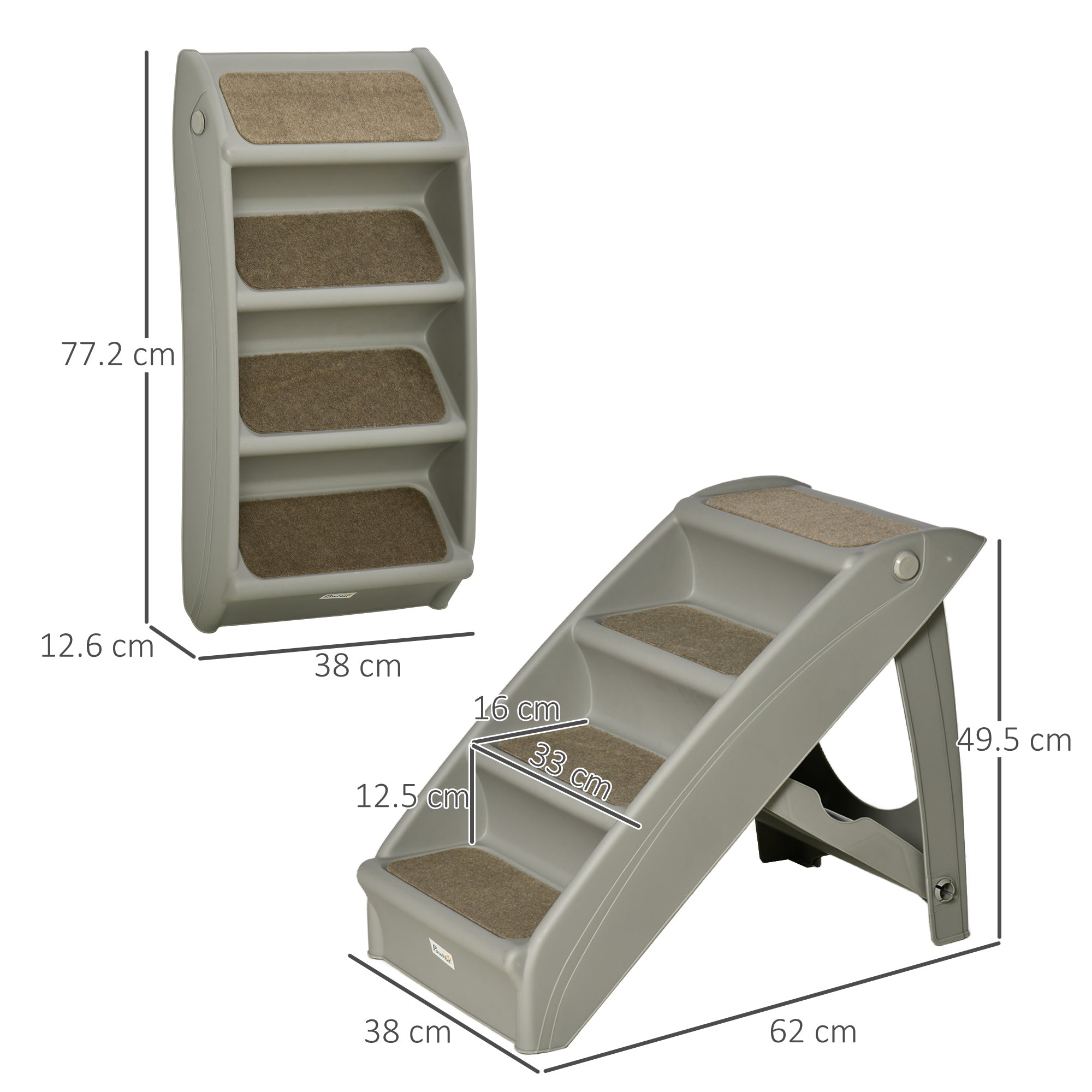 PawHut Foldable Four-Step Pet Stairs, for Cats, Small Miniature Dogs, with Non-Slip Mats 62 x 38 x 49.5cm - Grey - North Peak Garden Furniture