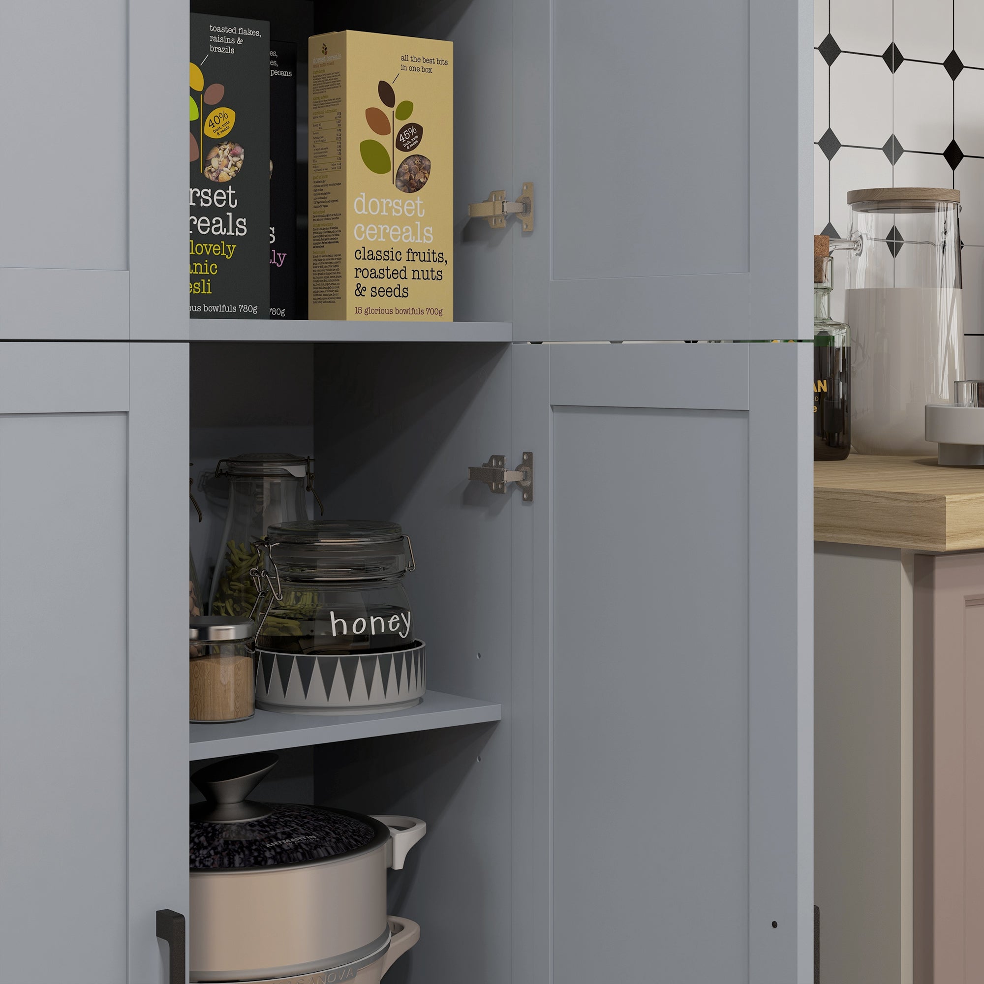 HOMCOM Freestanding Kitchen Cupboard, 4-Door Storage Cabinet Organizer with Adjustable Shelves Grey - North Peak Garden Furniture