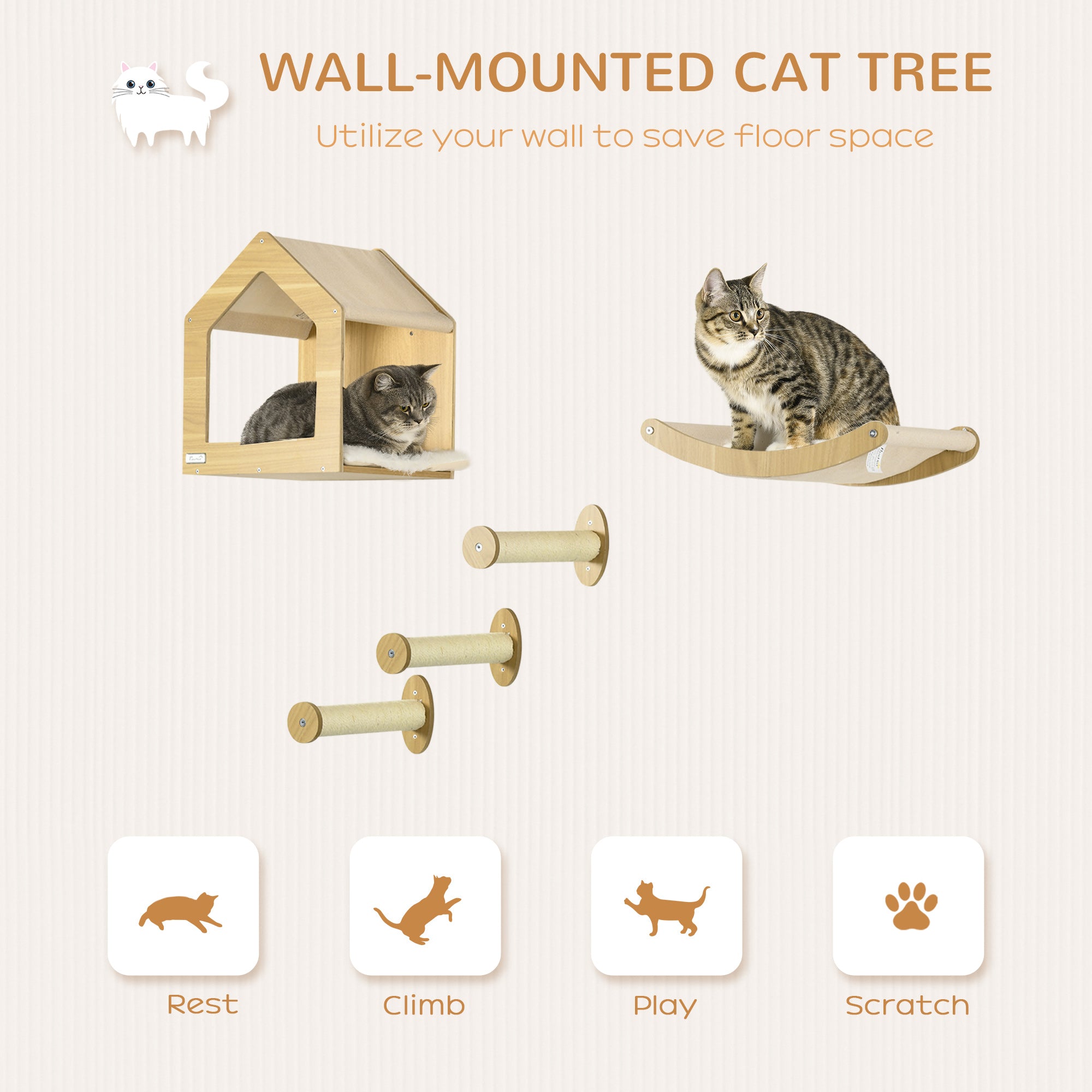 PawHut Wall Mounted Cat Shelves, with House, Hammock, Scratching Post - Oak Tone