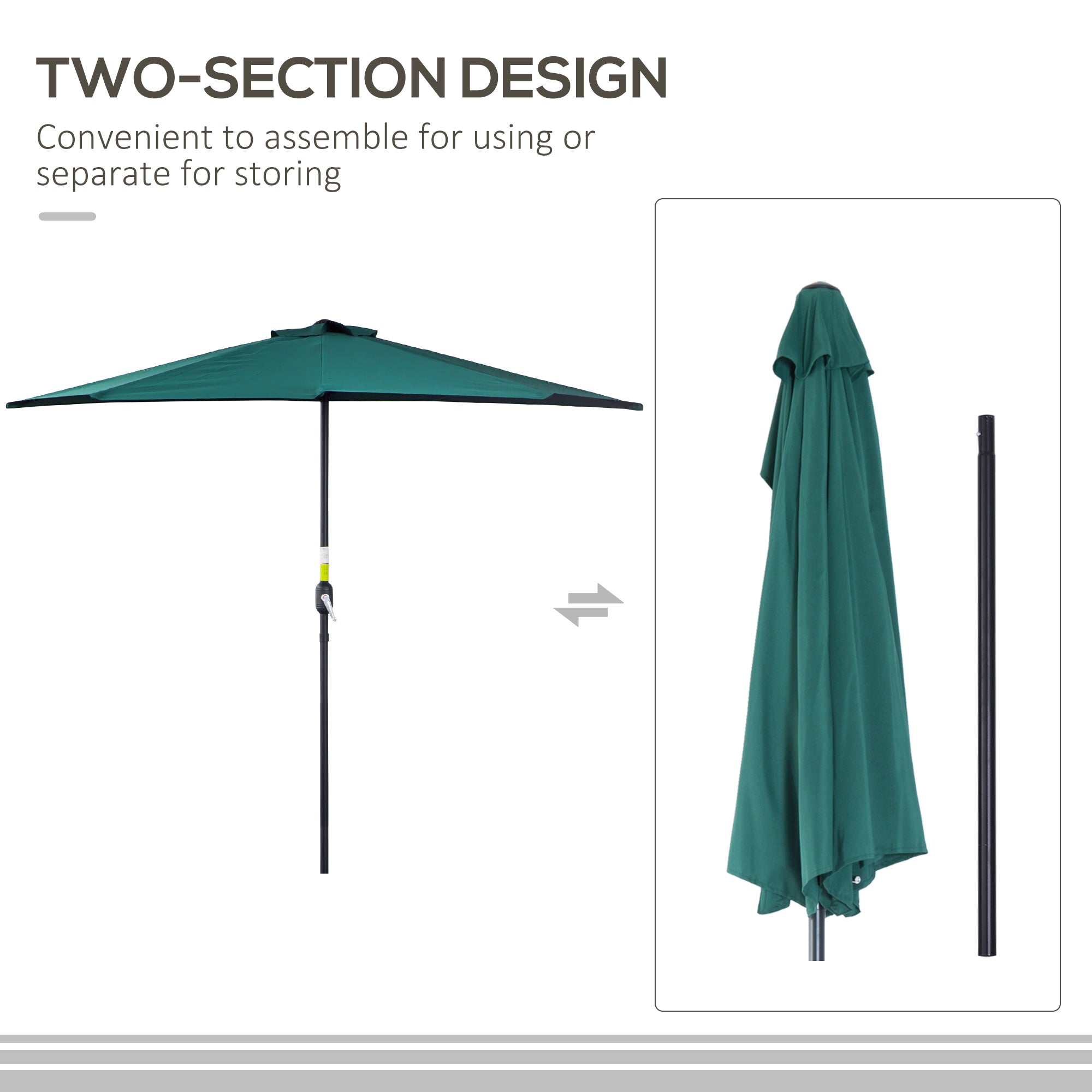 Outsunny 2.7m Balcony Half Parasol 5 Steel Ribs Construction Garden Outdoor Umbrella Green