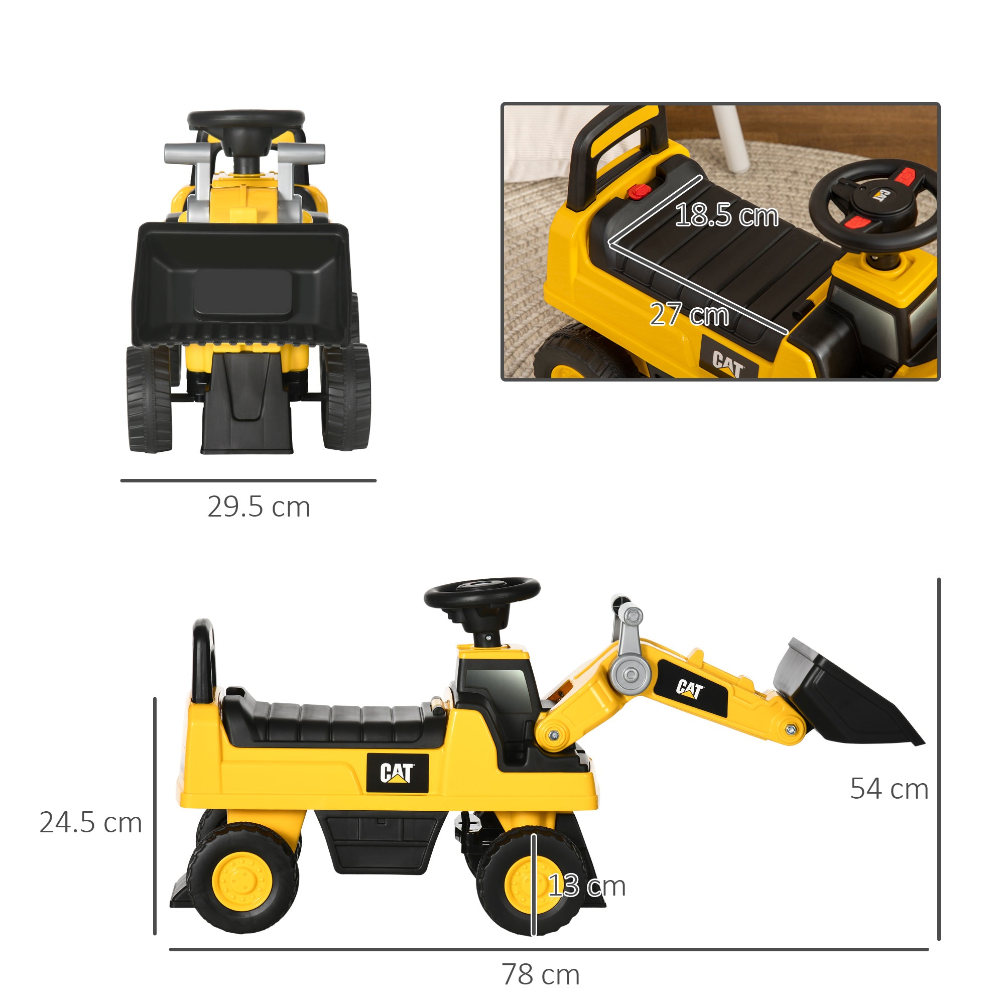 HOMCOM CAT Licensed Kids Construction Ride-On Toddler Digger Excavator Foot-To-Floor Ride-On Toy w/ Manual Shovel, Horn, Hidden Storage, for Ages 1.5-3 Years - North Peak Garden Furniture