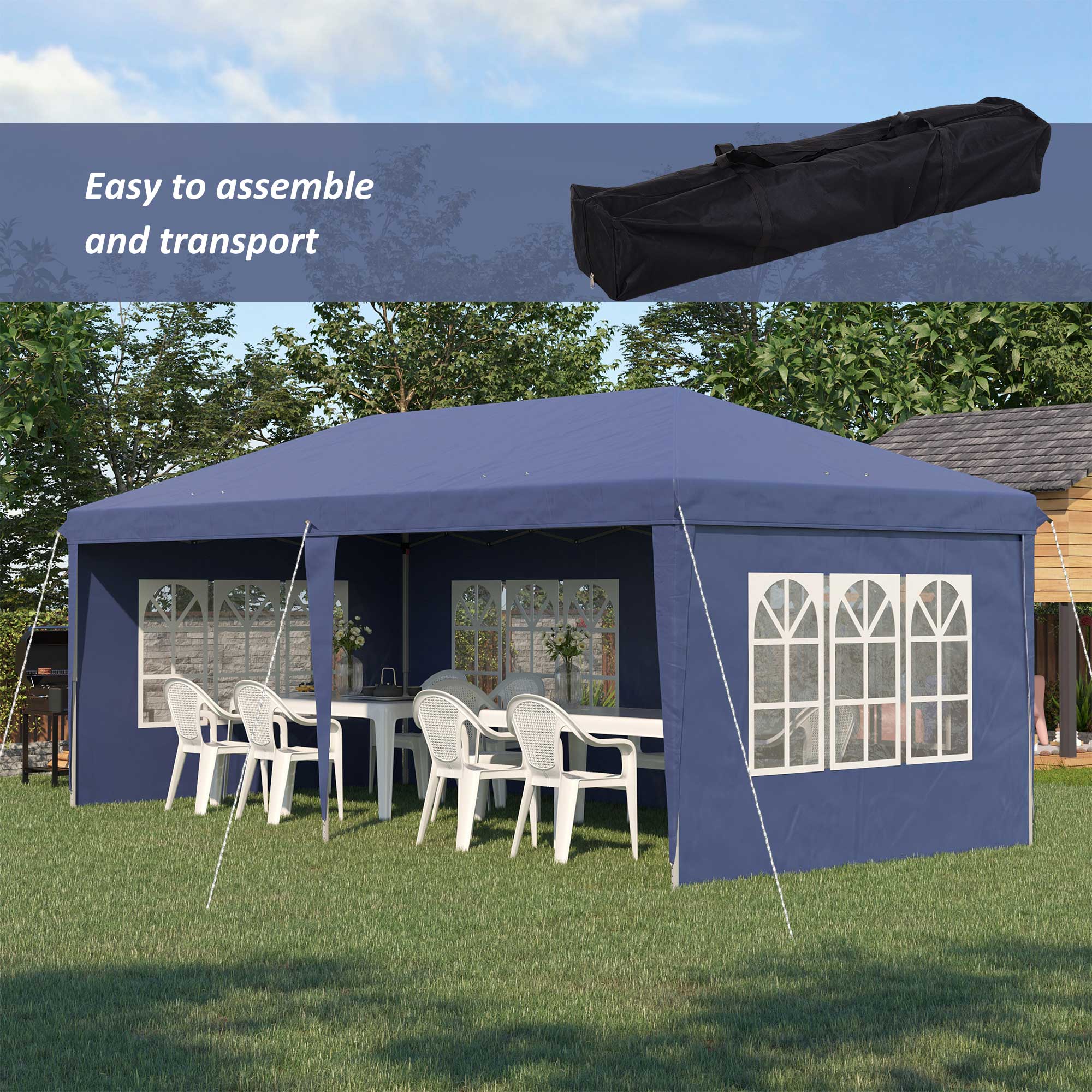 Outsunny 3 x 6m Pop Up Gazebo, Height Adjustable Marquee Party Tent with Sidewalls and Storage Bag, Blue - North Peak Garden Furniture
