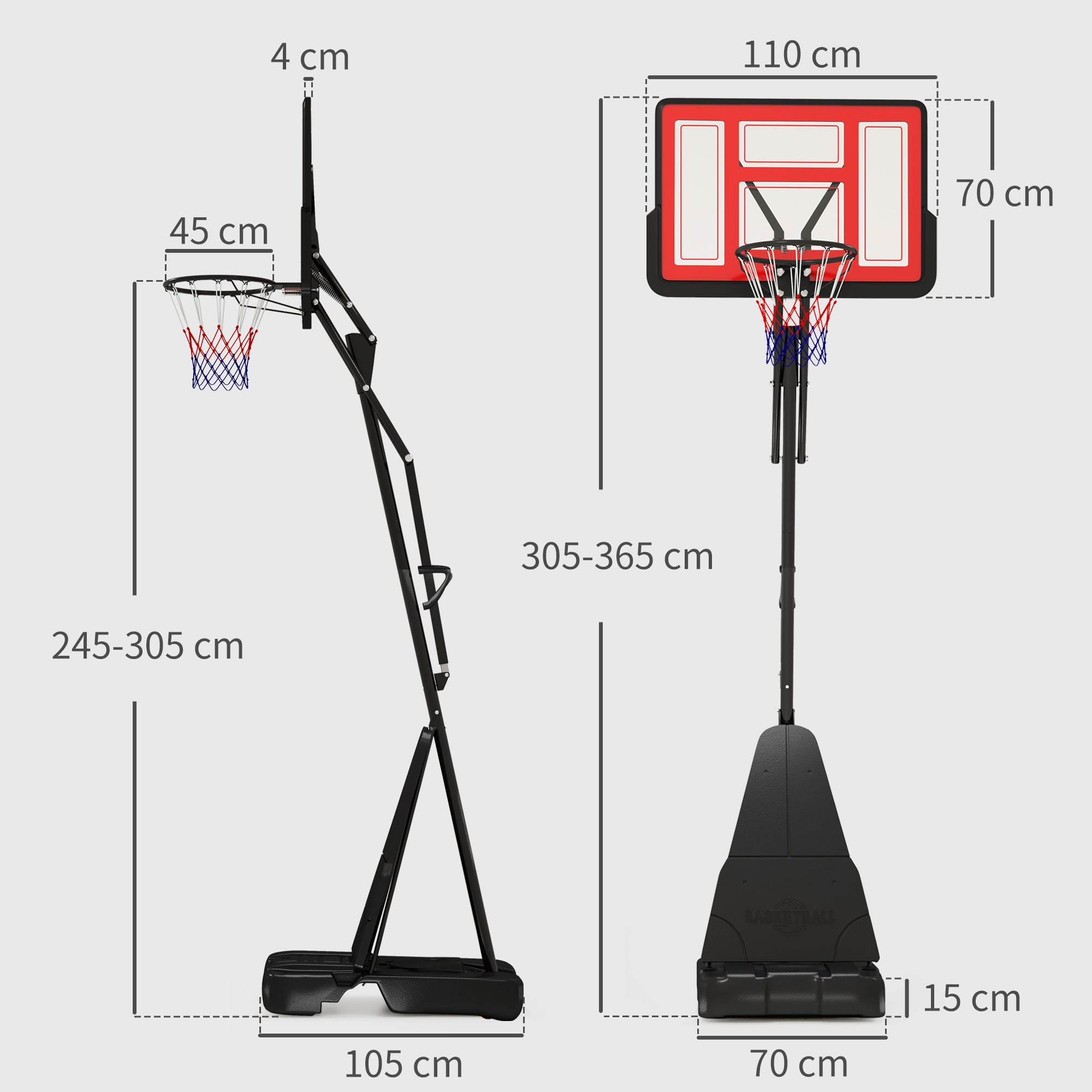 SPORTNOW Basketball Hoop Outdoor, Height Adjustable Basketball Hoop and Stand with Rebound System, Weighted Base, Portable on Wheels, 2.45-3.05m, for Teens, Juniors, Adults, Red