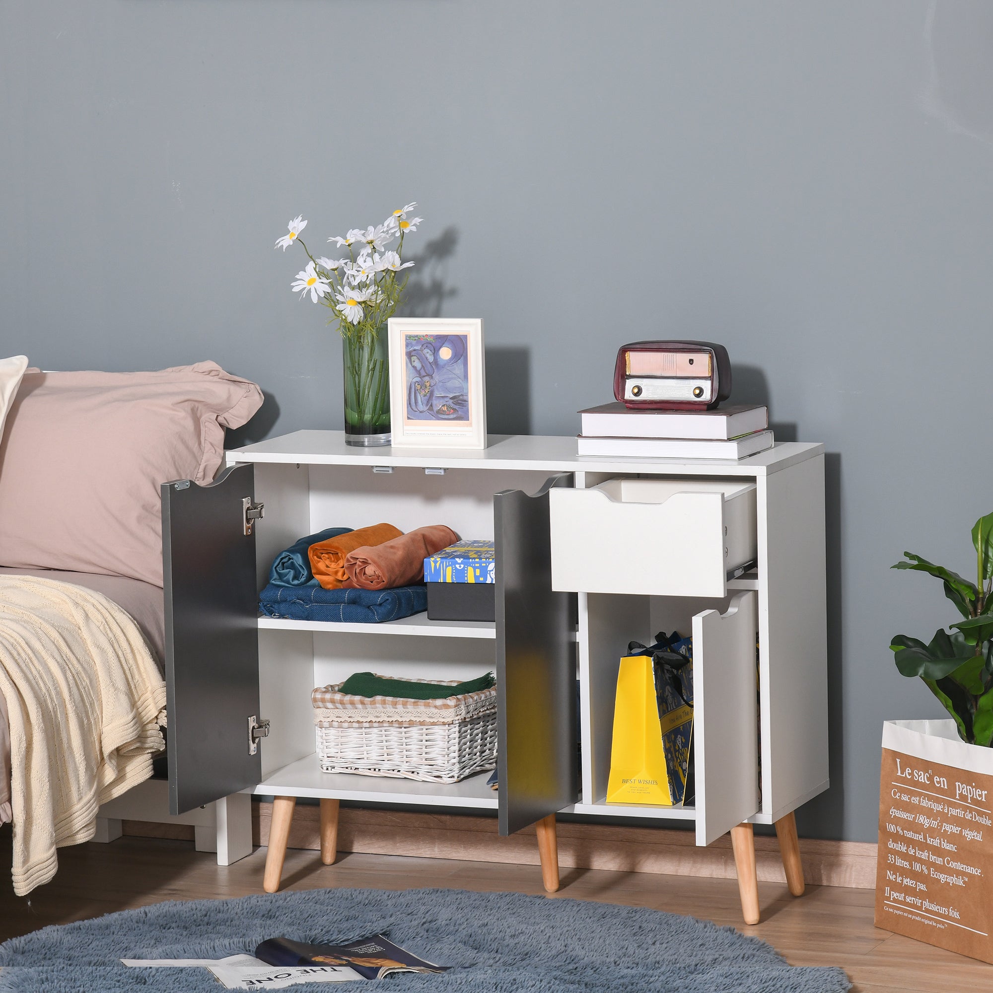 HOMCOM Sideboard Floor Standing Storage Cabinet with Drawer for Bedroom, Living Room, Home Office, Grey - North Peak Garden Furniture