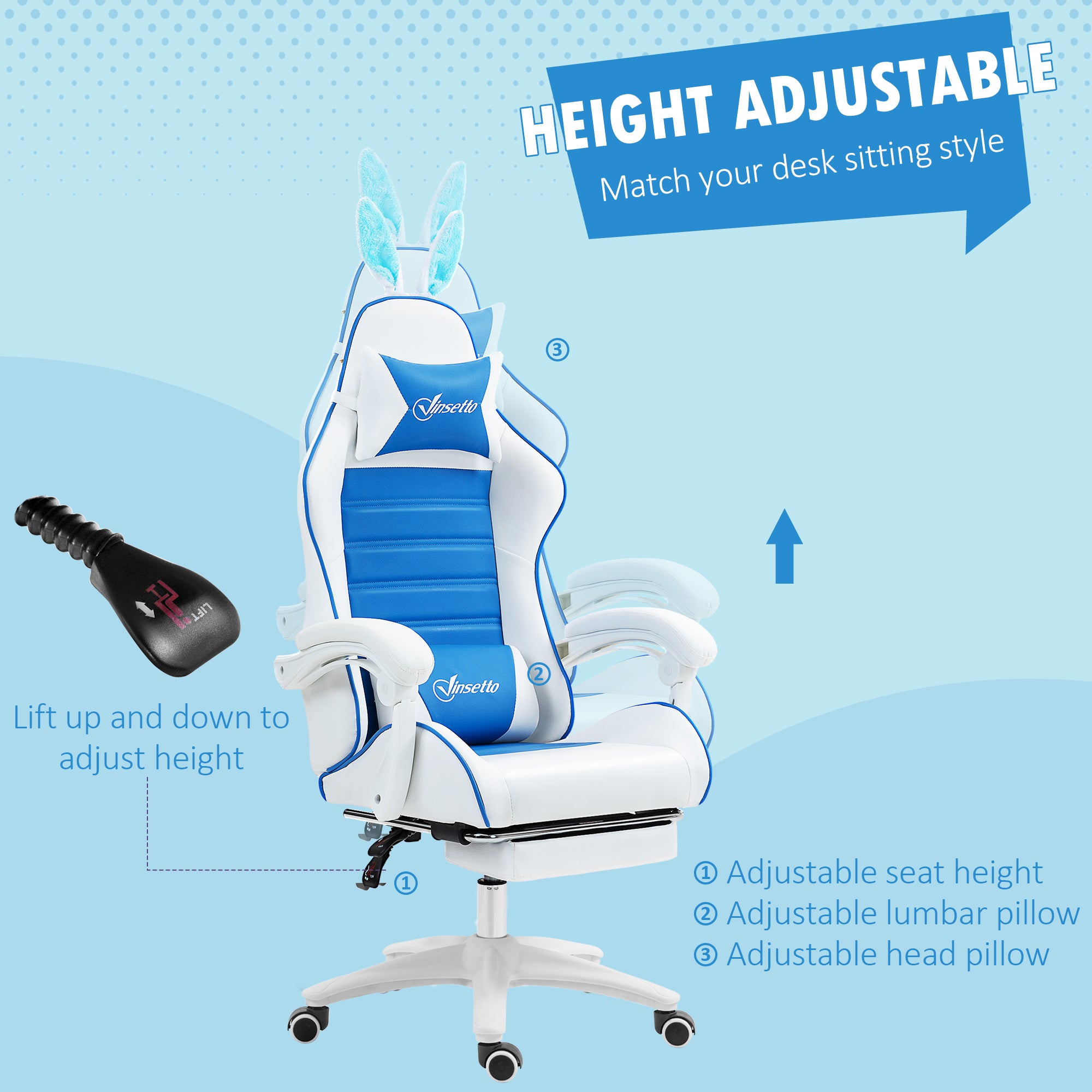 Vinsetto Racing Gaming Chair, Reclining PU Leather Computer Chair with Removable Rabbit Ears, Footrest and Lumber Support, Blue - North Peak Garden Furniture